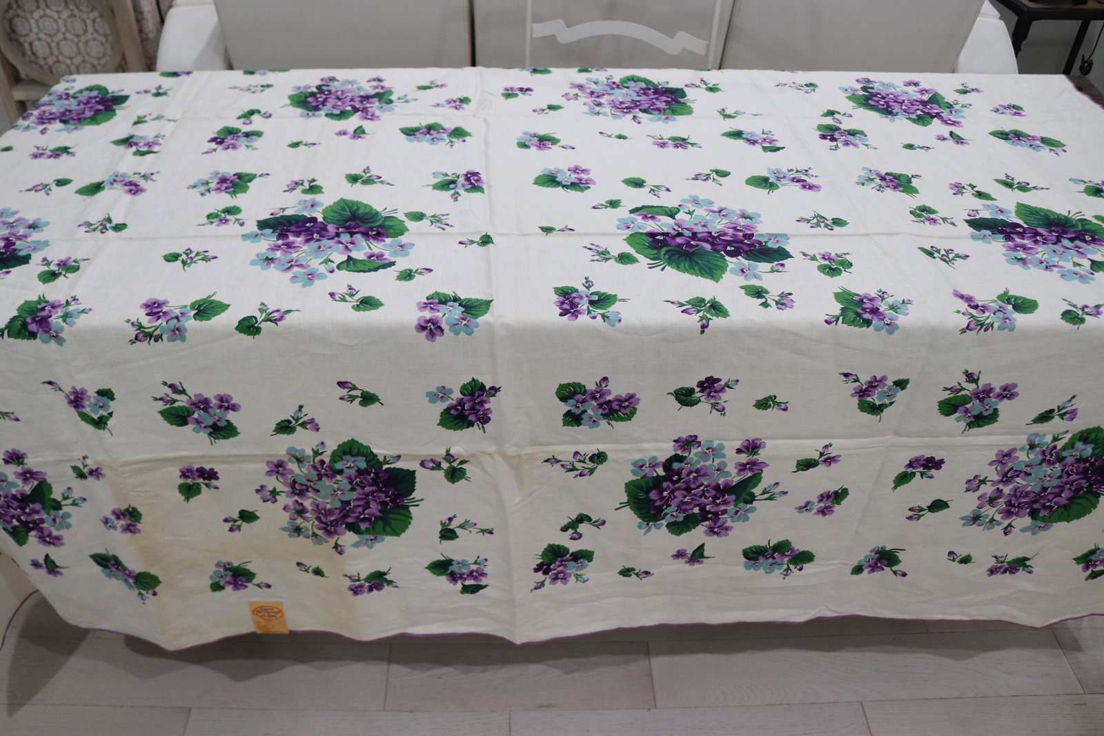 Vintage Original Hardy Craft Hand Printed Tablecloth, Viola Design: vintage never used with original lable, 60x80, pure linen, see photo's
