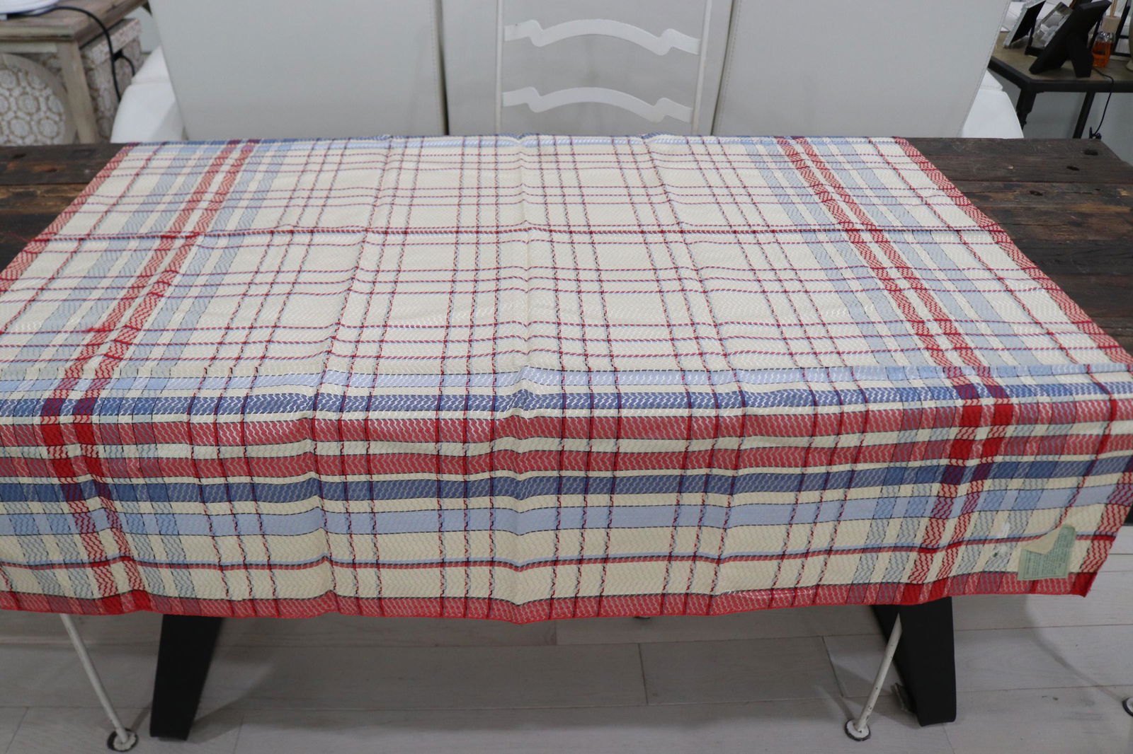 Vintage Plaid Cotton Rayon Kitchen Tablecloth: vintage never used with original tag, 48 Square, see photo's