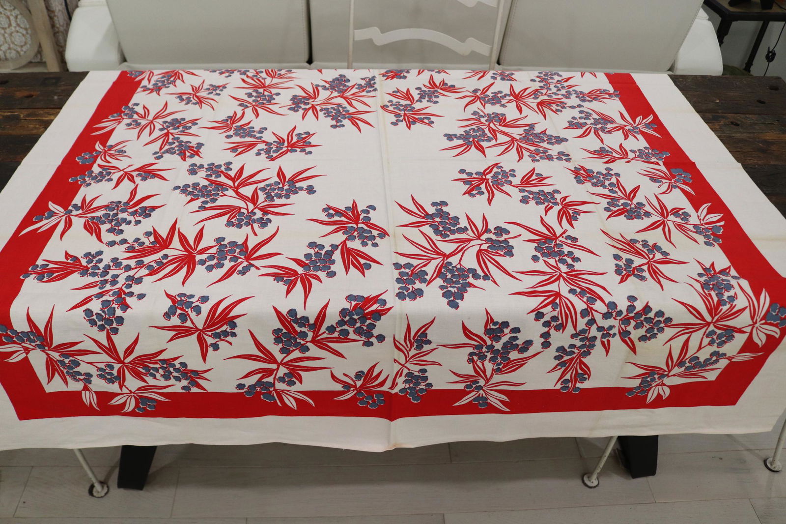 Vintage Faltex Hand Printed Cotton Kitchen Tablecloth Mimosa Design: vintage never used with original label, 52 square, see photo's