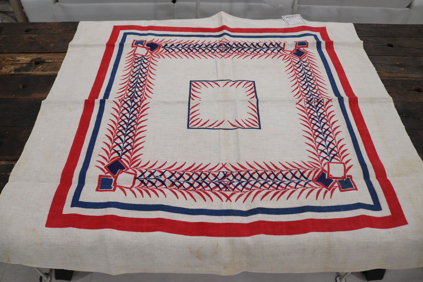 Vintage Red, White & Blue Linen Printed Kitchen Tablecloth: vintage never used with original label, 36 square, see photo's