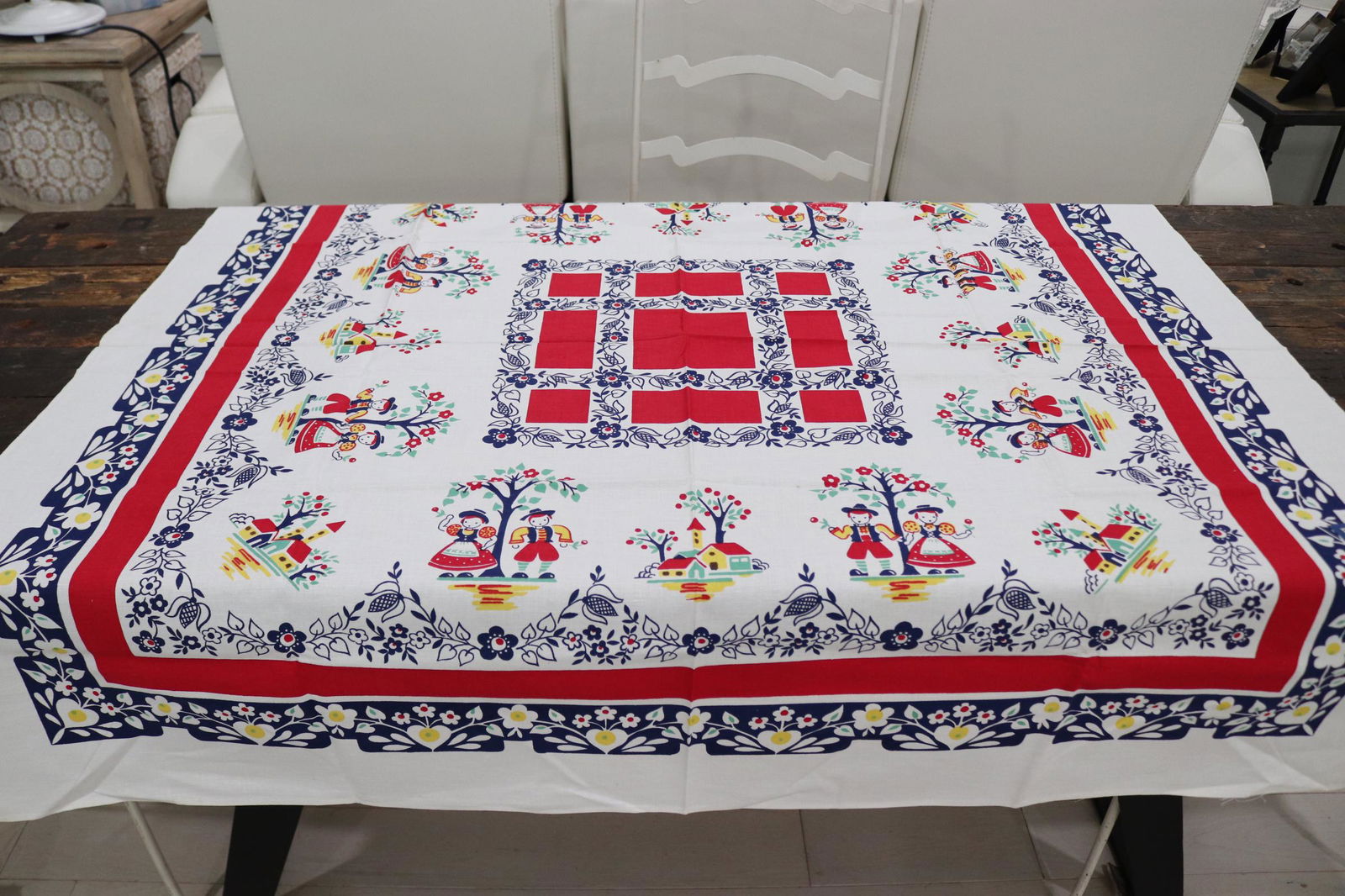 Vintage Broderie Creations Dutch Print Cotton Kitchen Tablecloth: vintage never used with original label, 52 square, see photo's