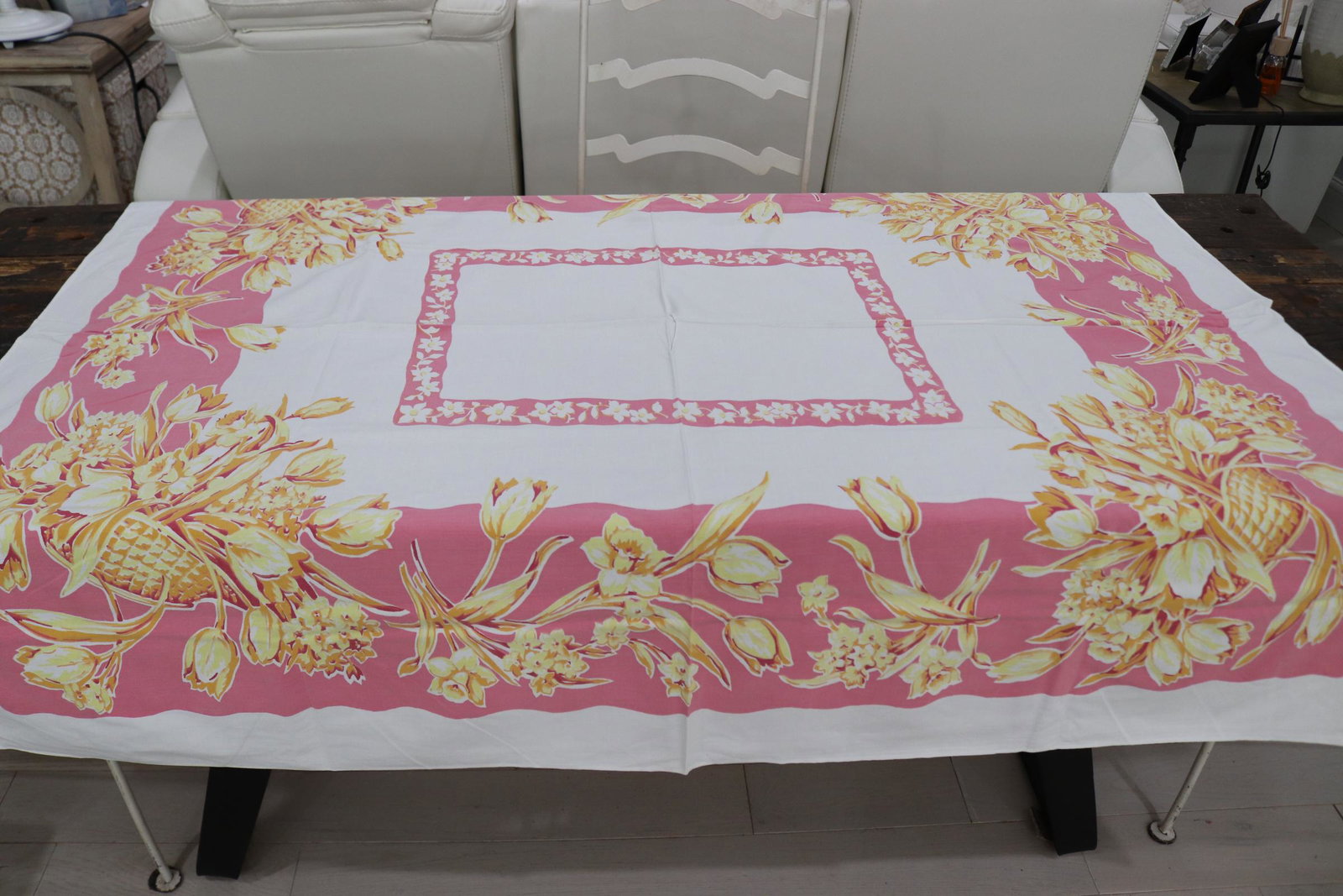 Vintage Pink & Yellow Floral Cotton Kitchen Tablecloth: vintage slightly used, 52 x 58, see photo's