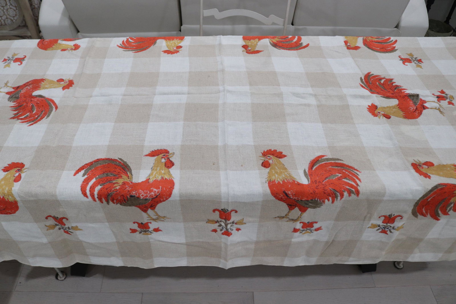 Vintage Brown Check Rooster Printed Cotton Kitchen Tablecloth: 56x72, see photo's