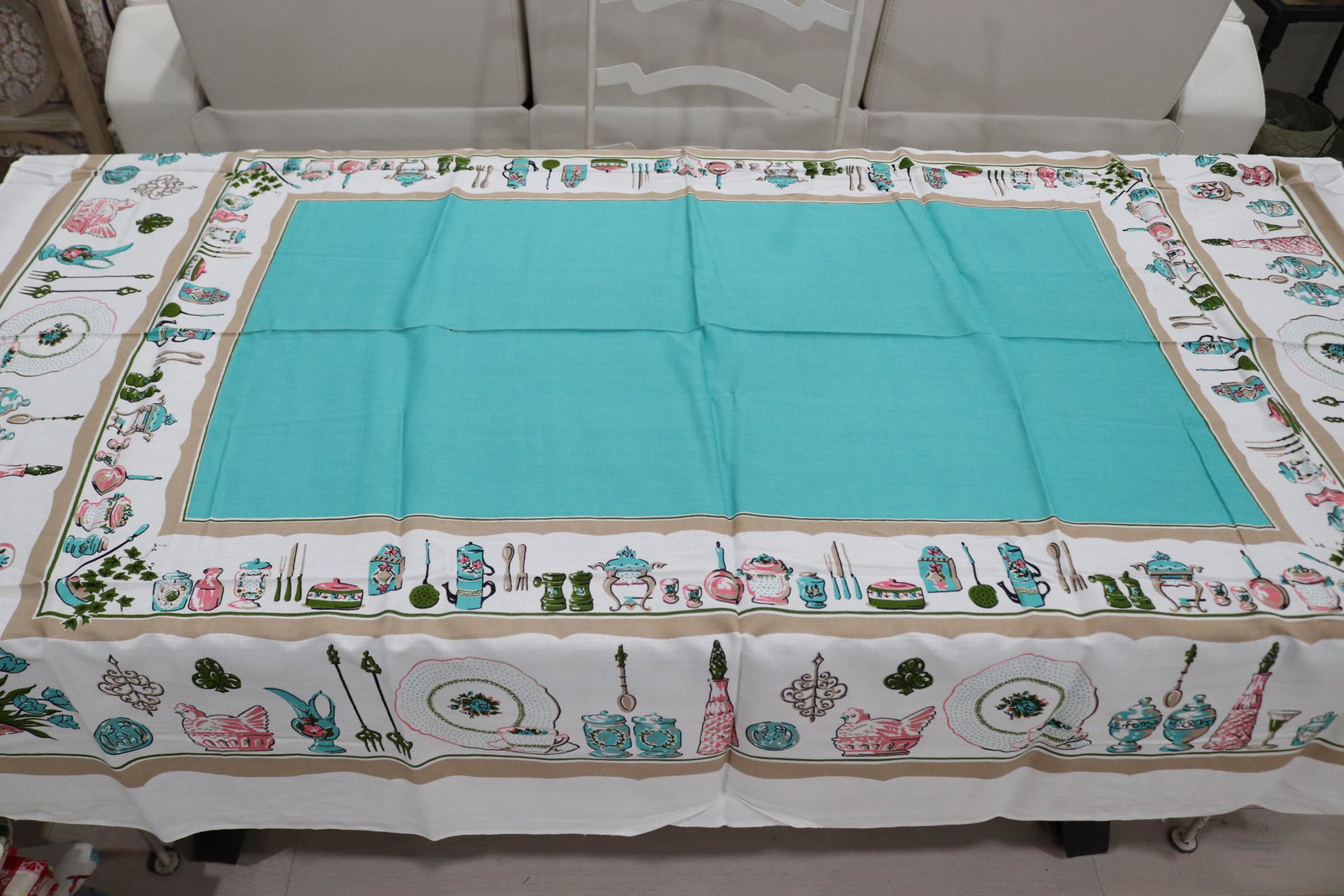 Vintage Blue Kitchen Gadget Printed Kitchen Tablecloth: vintage never used, 50x66, see photo's