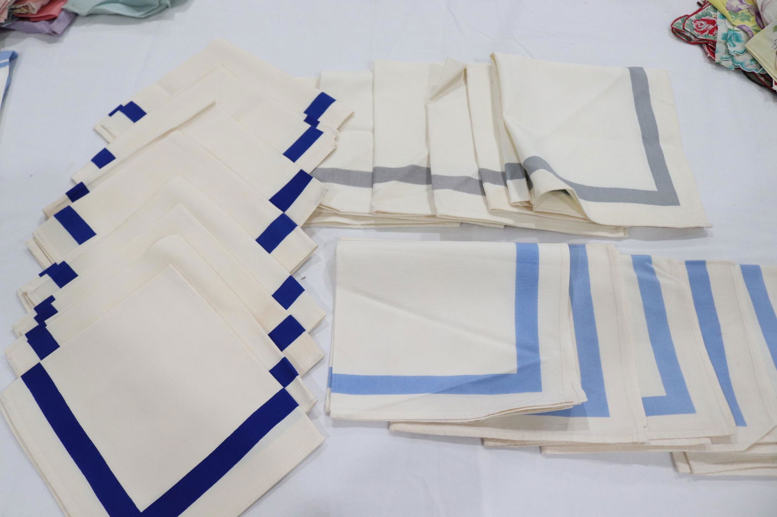 Lot of 20 Vintage Striped Napkins: rayon blend, 6 light blue. 8 dark blue, 6 gray, see photo's, never used