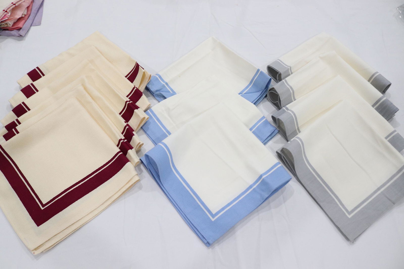 Lot of 13 Vintage Striped Napkins: some never used, 4 gray, 3 blue and 6 burgundy, see photo's