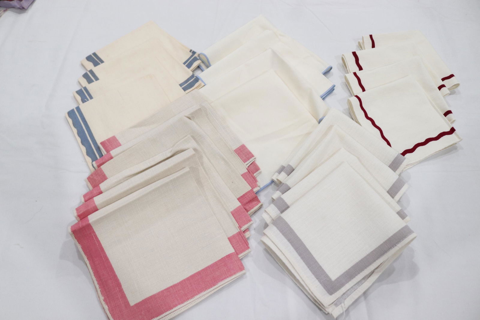 Lot of 24 Vintage Tea Size Napkins: 4 burgundy, 4 gray, 4 medium blue, 4 light blue, 6 pink, some never used, see photo's