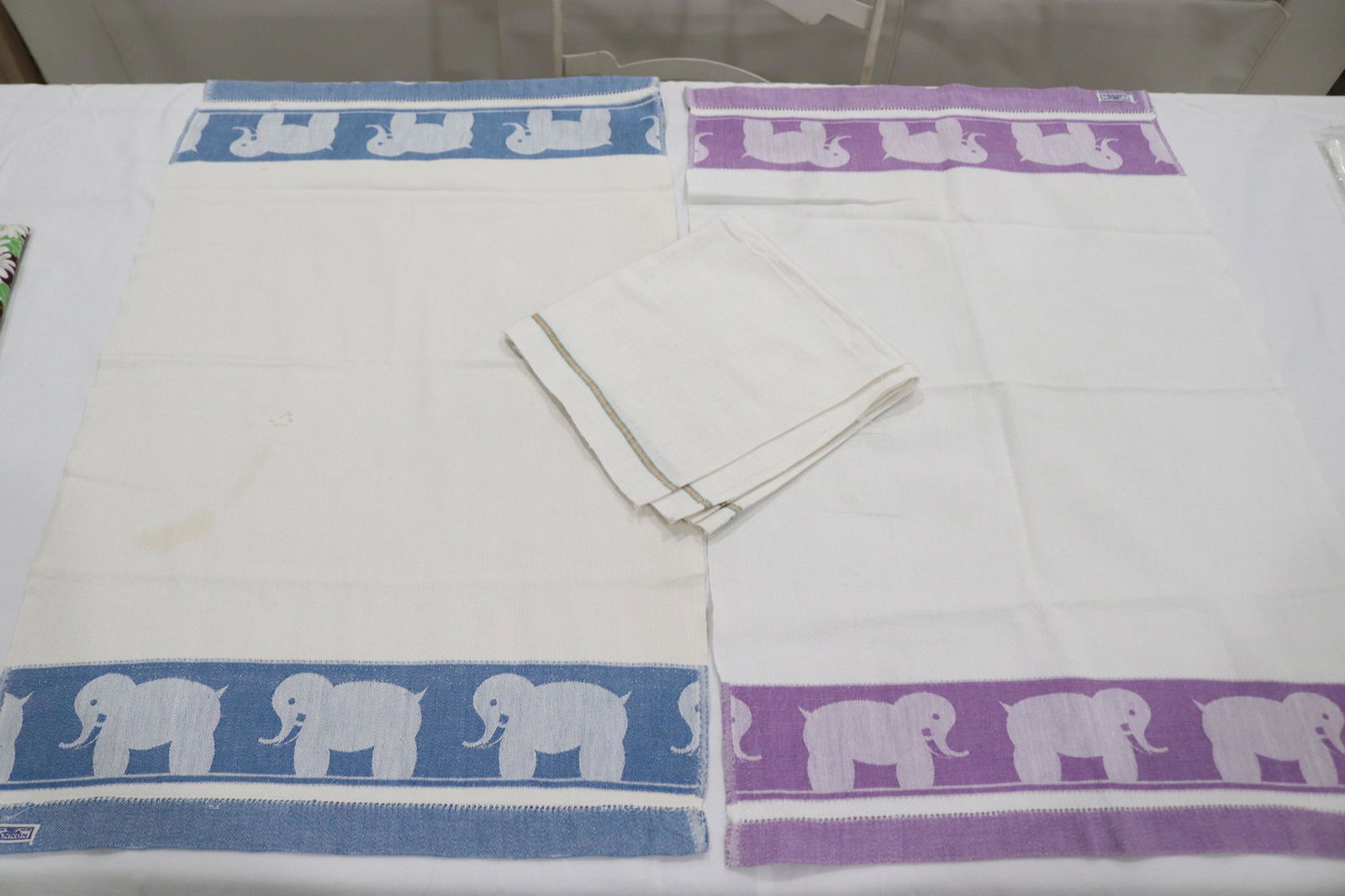 Vintage Lot of 3 Kitchen Linen Towels, Elephants & Stripe: elephant towels by Cannon, stripe by Patex, see photo's