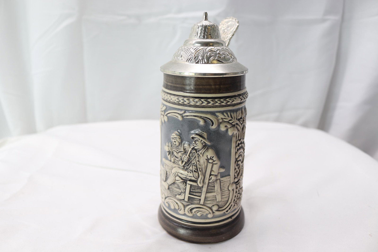 Vintage West German Stein: blue and white scene of man and woman, marked gerz, approx. 7 inches at highest point, see photo's