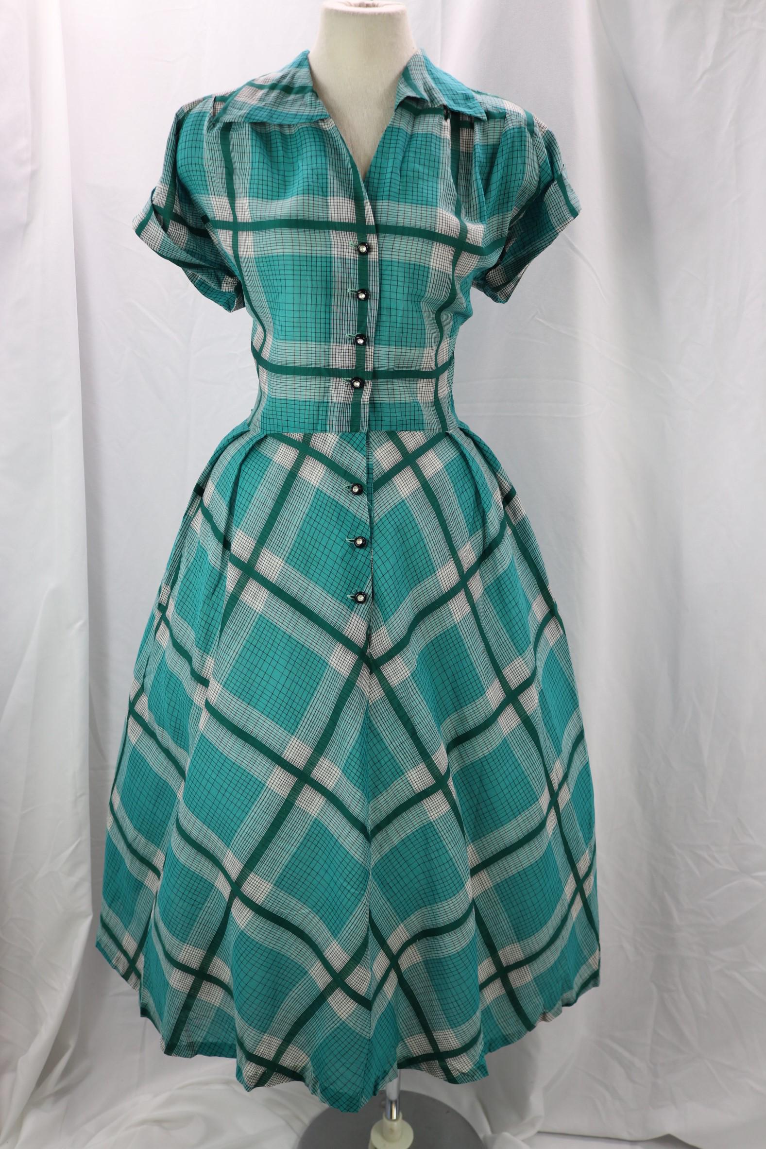 Vintage 1950's Turquoise Plaid Cotton Dress: approx. 40 bust, 31 waist, some seam repairs need one light yellow spot at button, see photo's