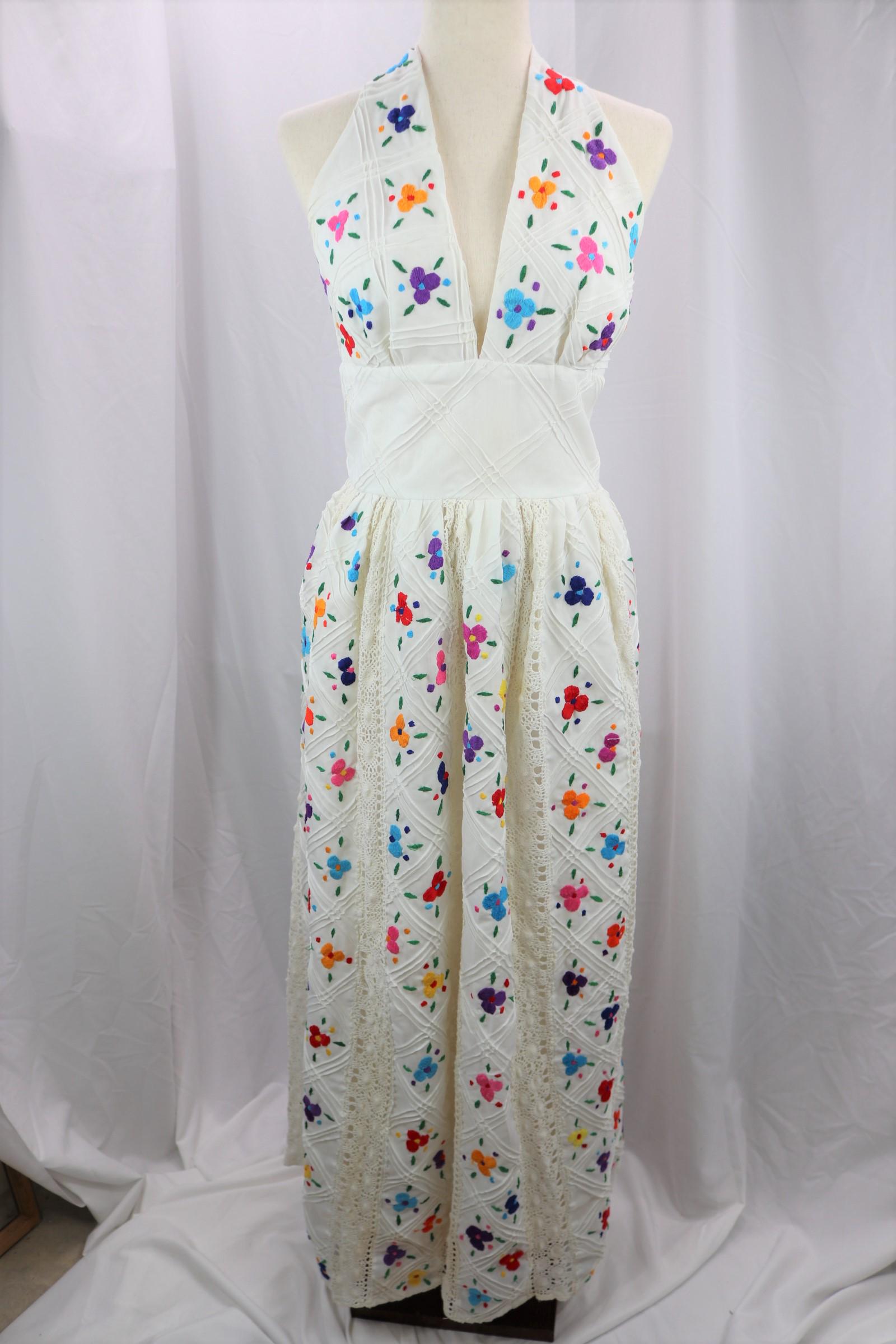 Vintage 1960/70's Embroidered & Lace Halter Maxi Dress: approx. 36 bust, 28 waist, may fit larger bust, stain near zipper, see photo's