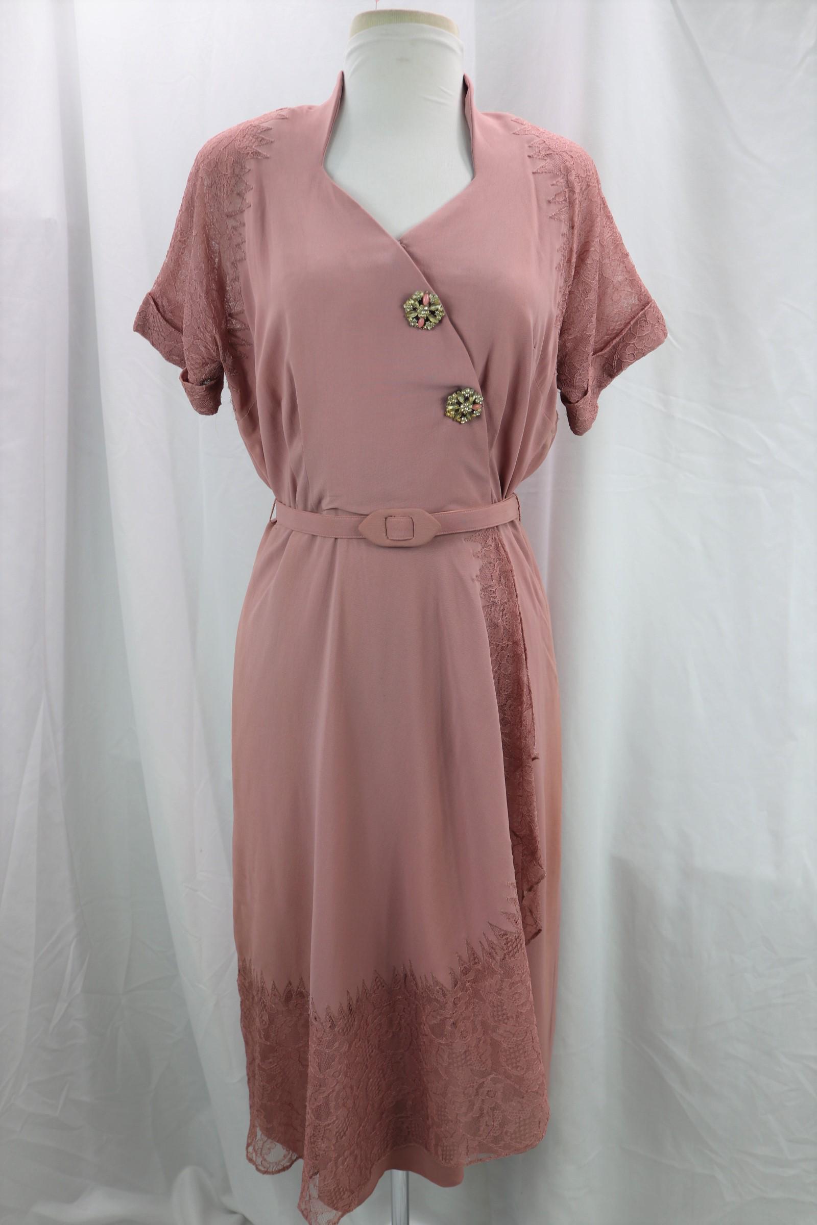 Vintage 1940's Blush Pink Rayon & Lace Dress, Original Young Hearted: some discoloration and tiny pin holes, see photo's, approx. 42 bust, 32 waist