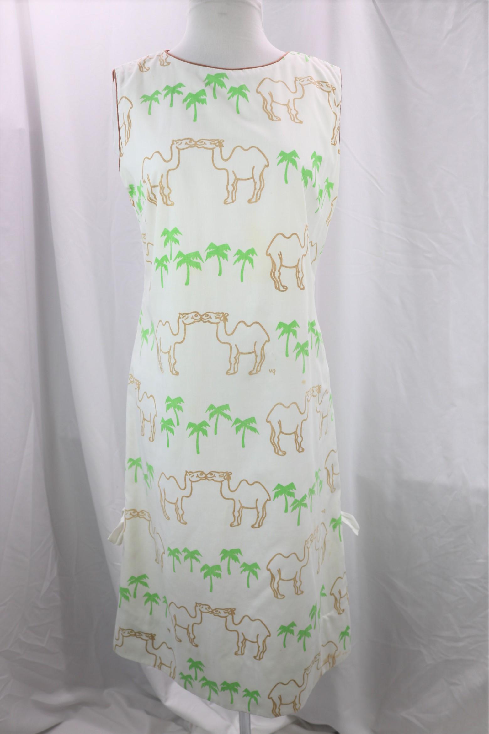 Vintage 1960's Hand Screen Print Camel Print Shift: The Vested Gentress, some stains, see photo's, approx. 36 bust, 32 waist