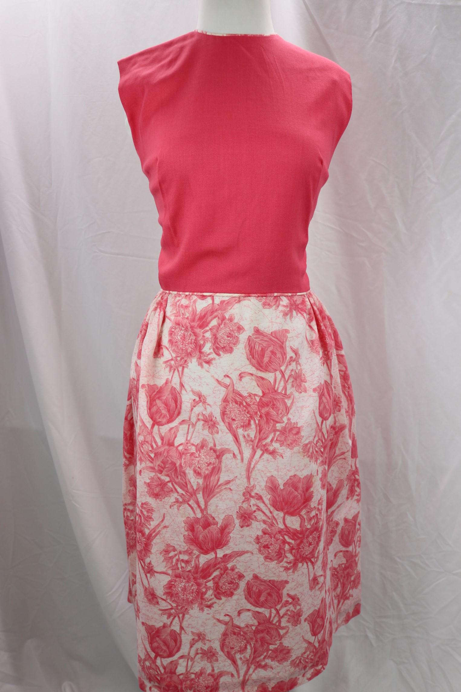 Vintage 1960's Pink & White Floral Sheath Dress: color block pink with floral skirt, good condition, see photo's, approx. 36 bust, 26 waist
