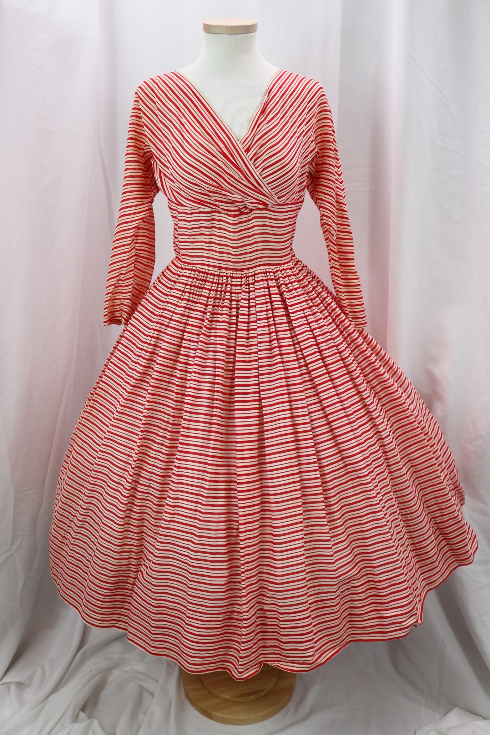 Vintage 1950's Red & White Striped Princess Dress: lite weight cotton, slight fray at edge of shoulders, needs small seam repair under one arm and damage under other arm, see photo's, approx. 34 bust, 24 waist