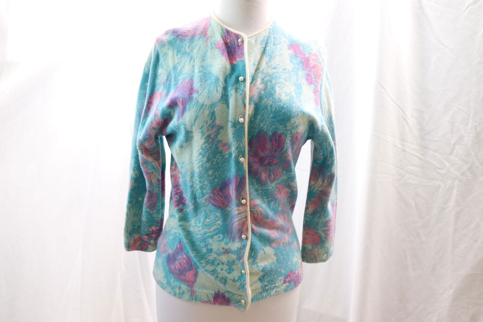 Vintage 1950's Hand-Screen Print Cardigan Sweater by Darlene: angora and wool, good condition, see photo's, approx. 36 bust, 28 waist