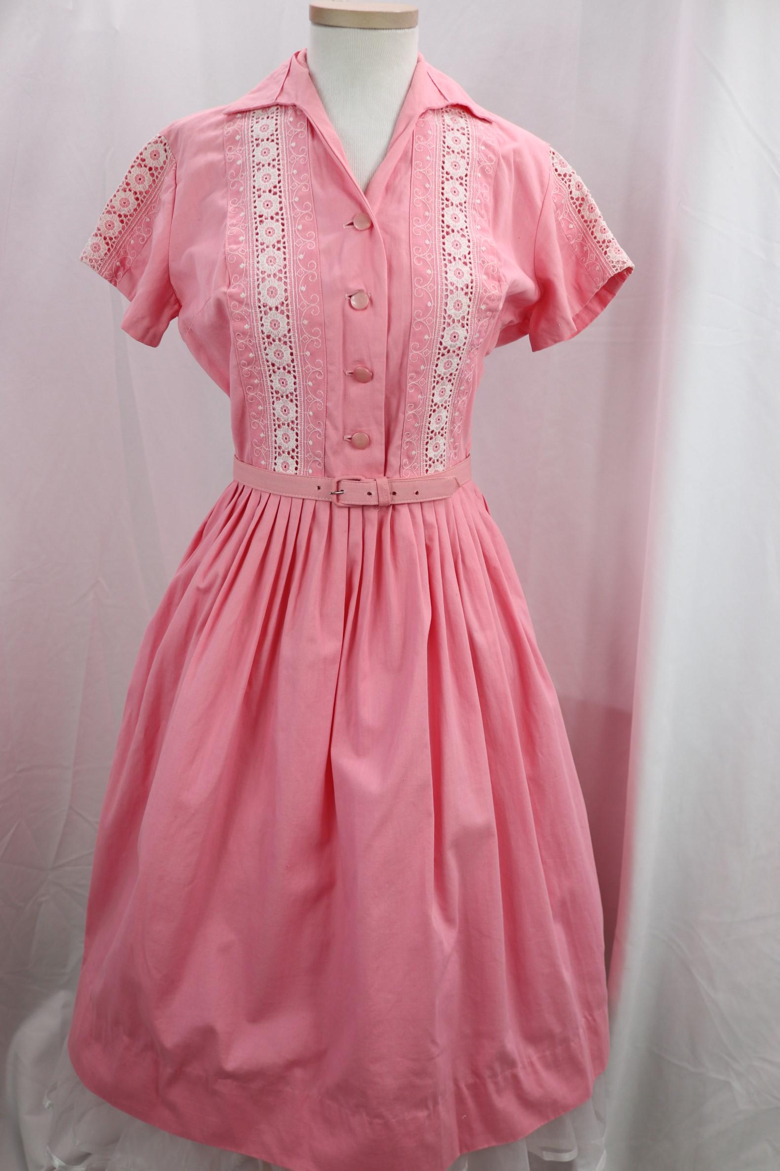 Vintage 1950's Pink Cotton & lace Pleated Summer Dress: good condition, see photo's, approx. 34 bust, 23 waist