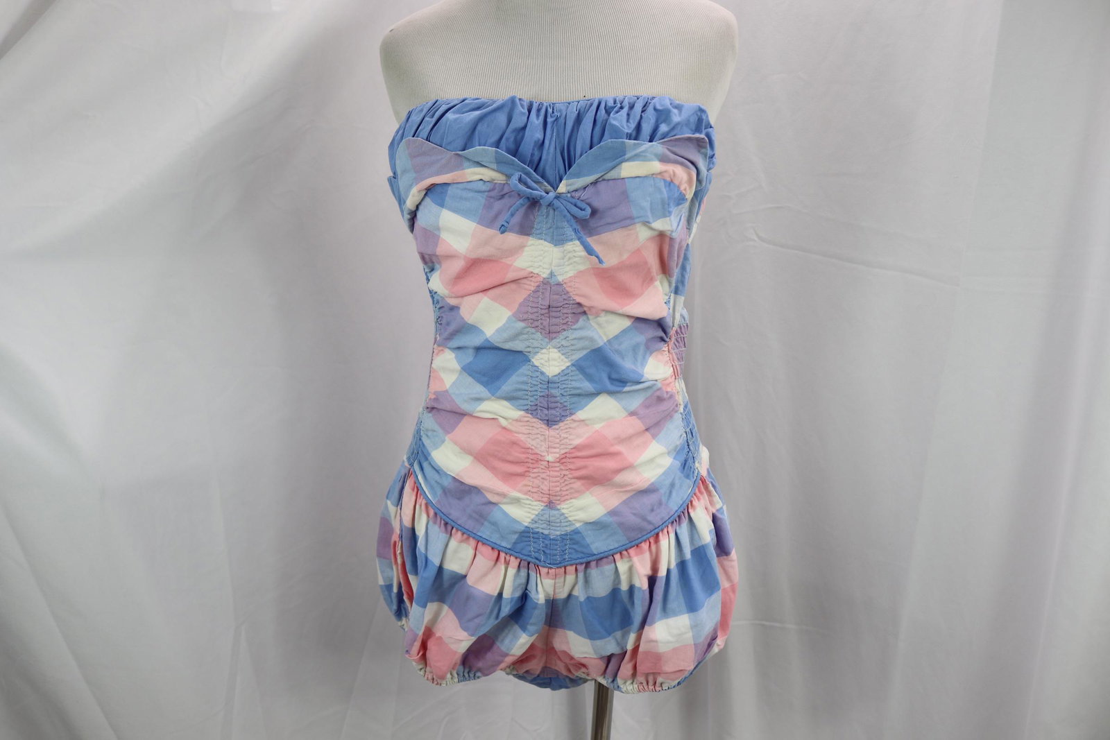 Vintage 1950's Plaid Cotton Bathing suit: diaper style bottom, elastic smocked side has stretched, approx. 32 bust, 28 waist