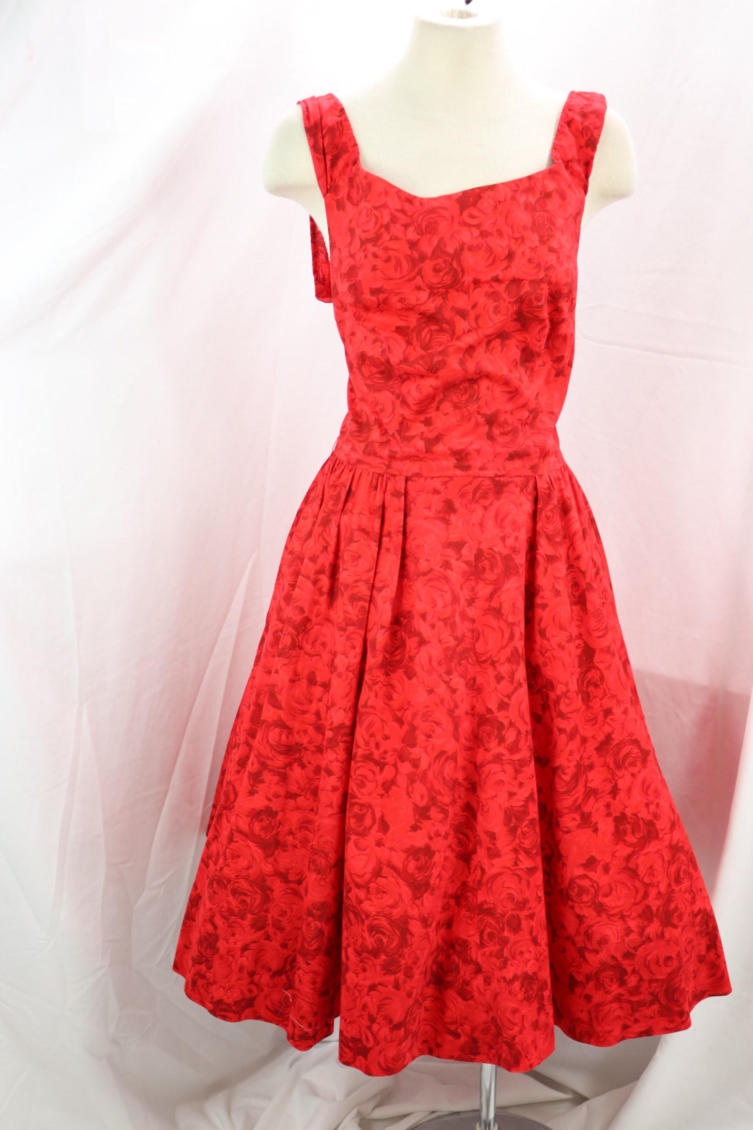 Vintage 1950's Red Cotton Rose Print Summer Dress (1 of 3)