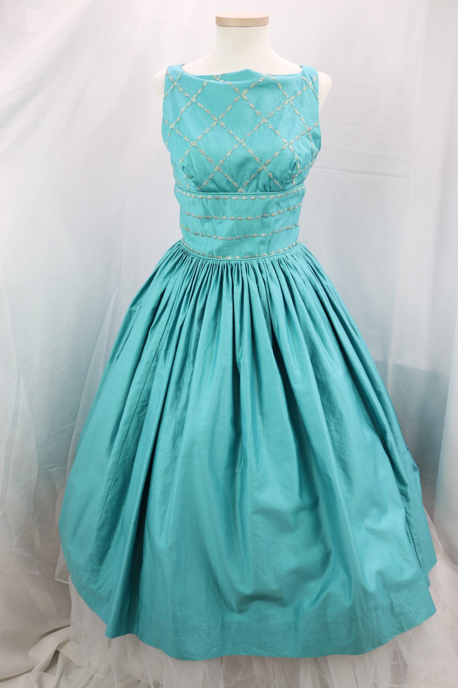 Vintage 1950's Candy Jones Polished Cotton Pouf Dress: metallic embroidery, good condition, see photo's, approx. 34 bust, 24 waist
