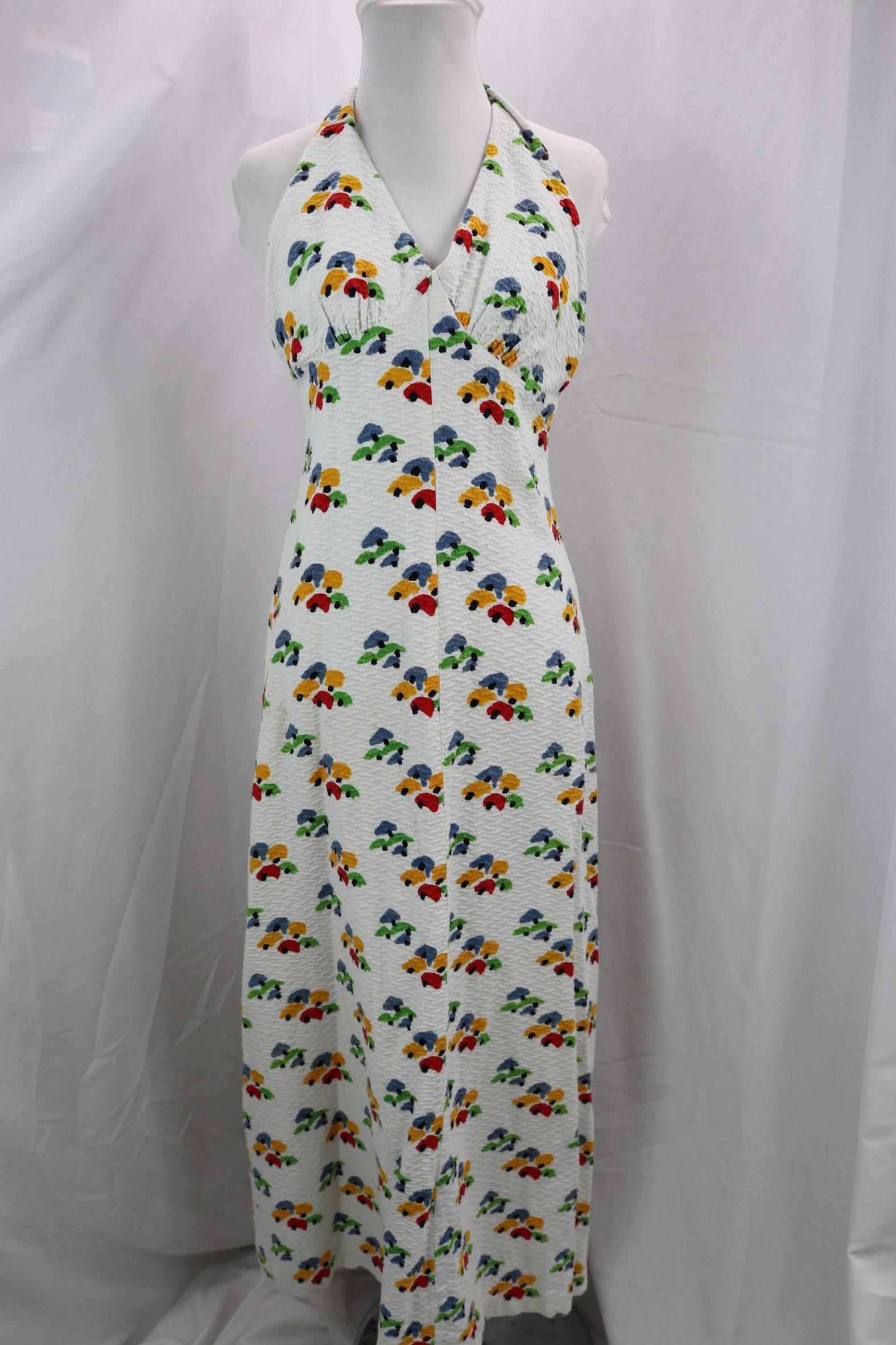 Vintage 1970's Floral Cotton Halter Maxi Dress: textured cotton, good condition, see photo's, approx. 32 bust, 26 waist
