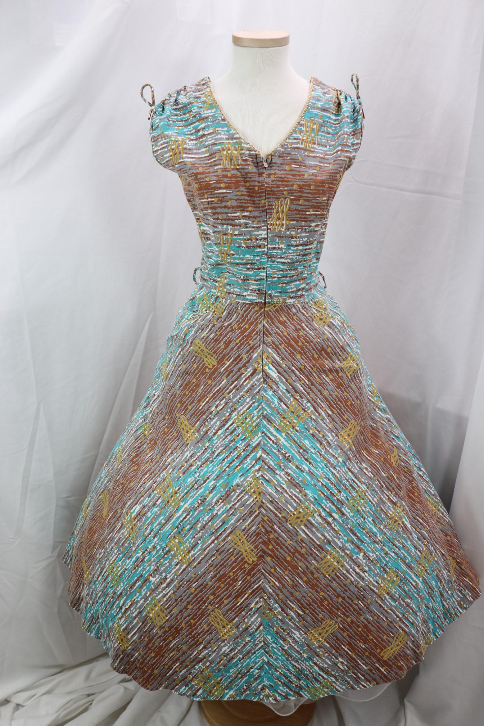 Vintage 1950's Cotton Summer Day Dress: cotton with metallic trim, good condition, see photo's, approx. 35 bust, 26 waist