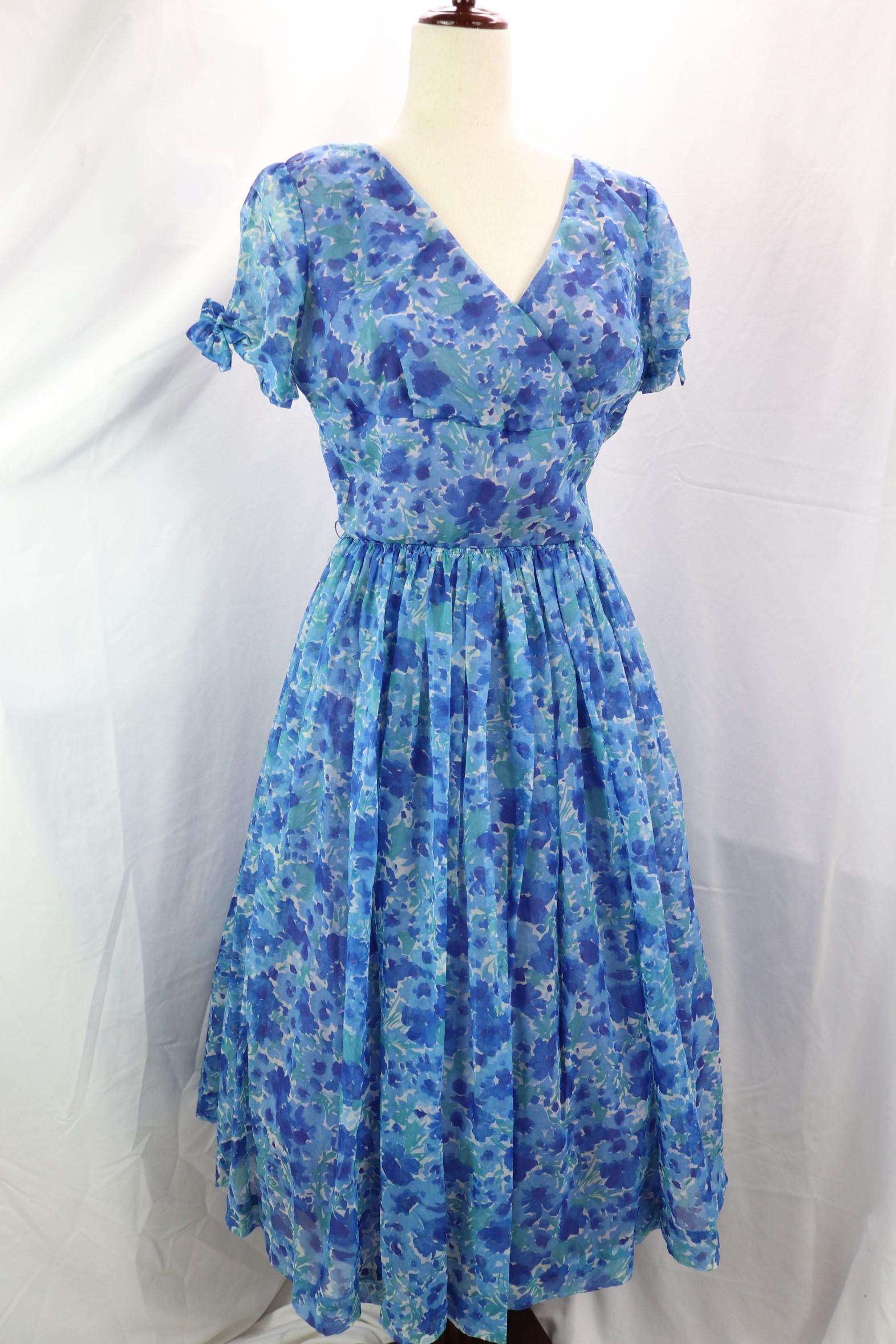 Vintage 1950's Blue Rose Print Cocktail Dress, Forever Young by Puritan (1 of 6)