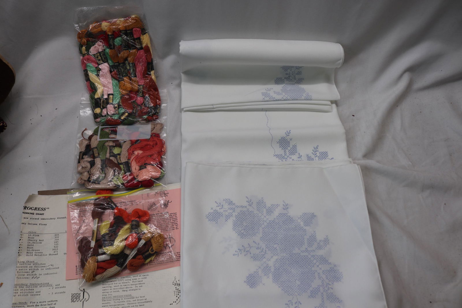 Old Store Stock Stamped Tablecloth for Embroidery: with embroidery floss, see photo's