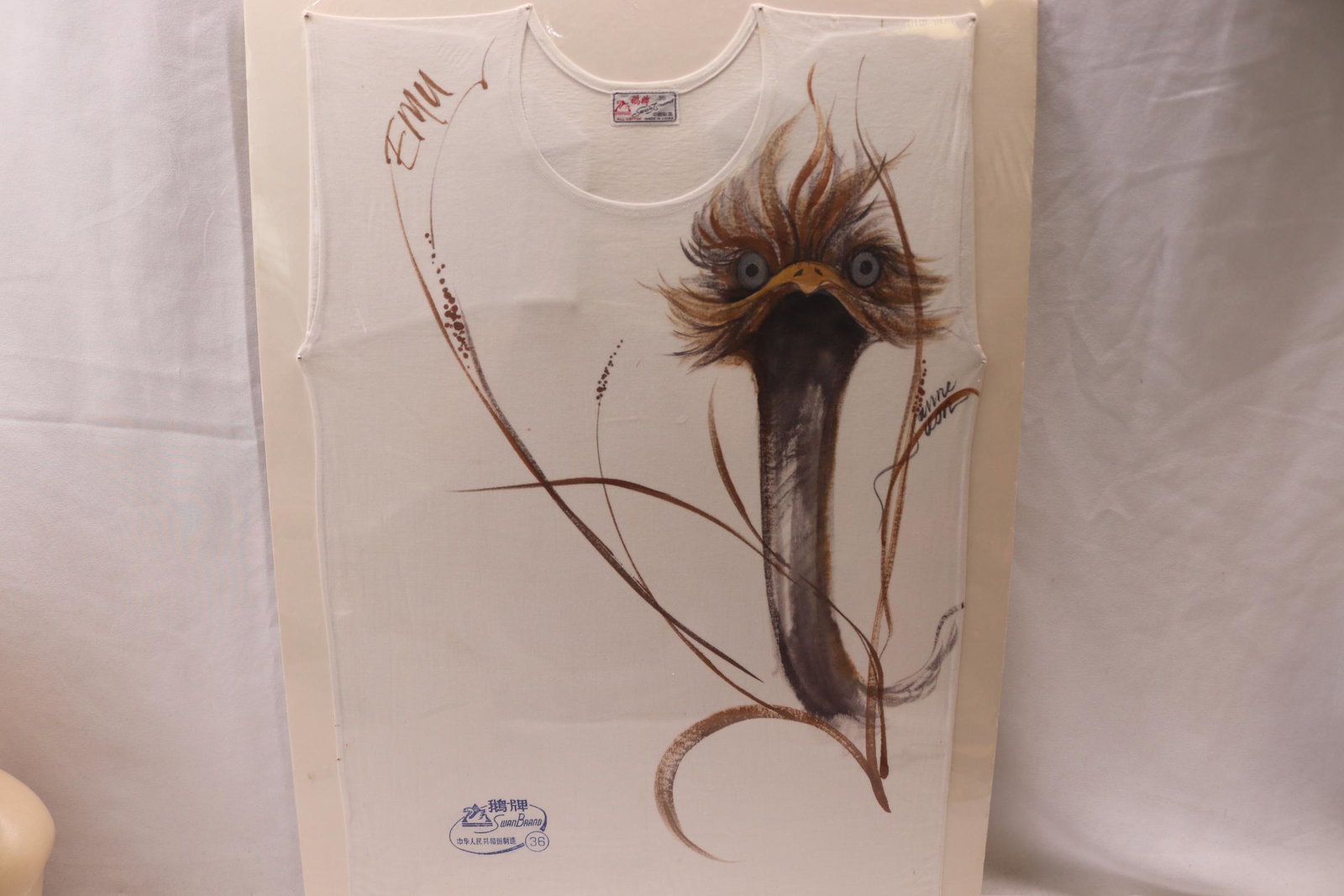 Vintage Hand Painted Anne Leon T Shirt, Emu: size 36, in plastic, see photo's