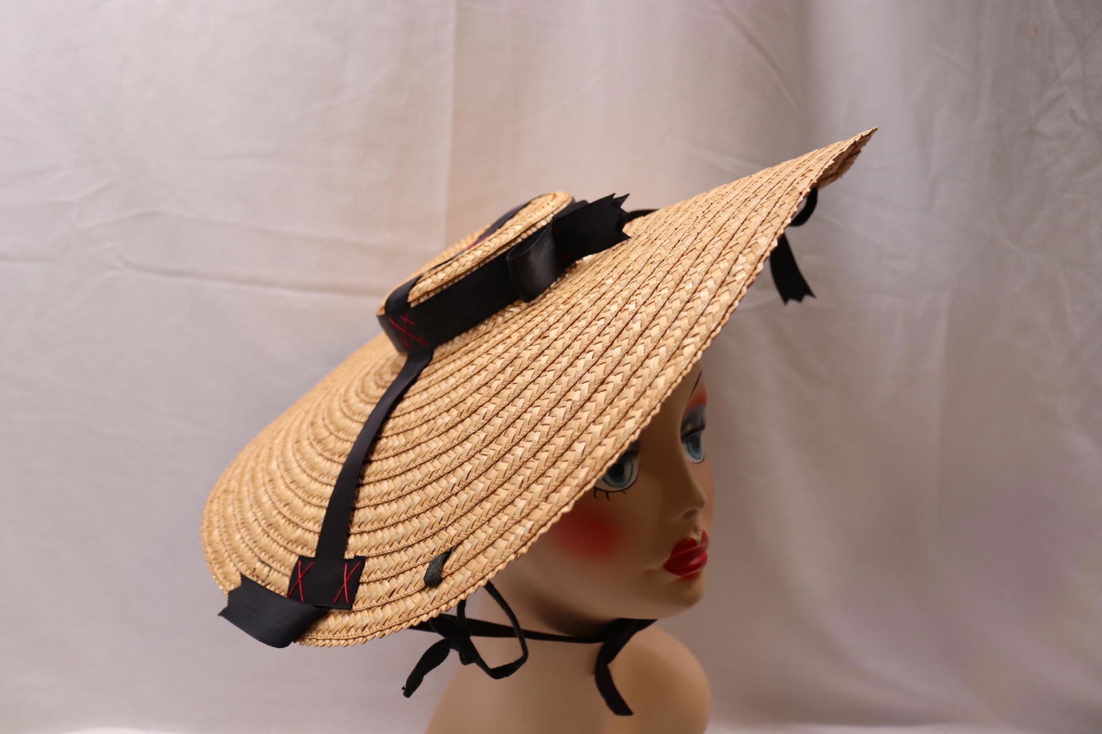 Vintage Wide Brim Straw Tilt Hat with Black Satin Ribbon (1 of 5)