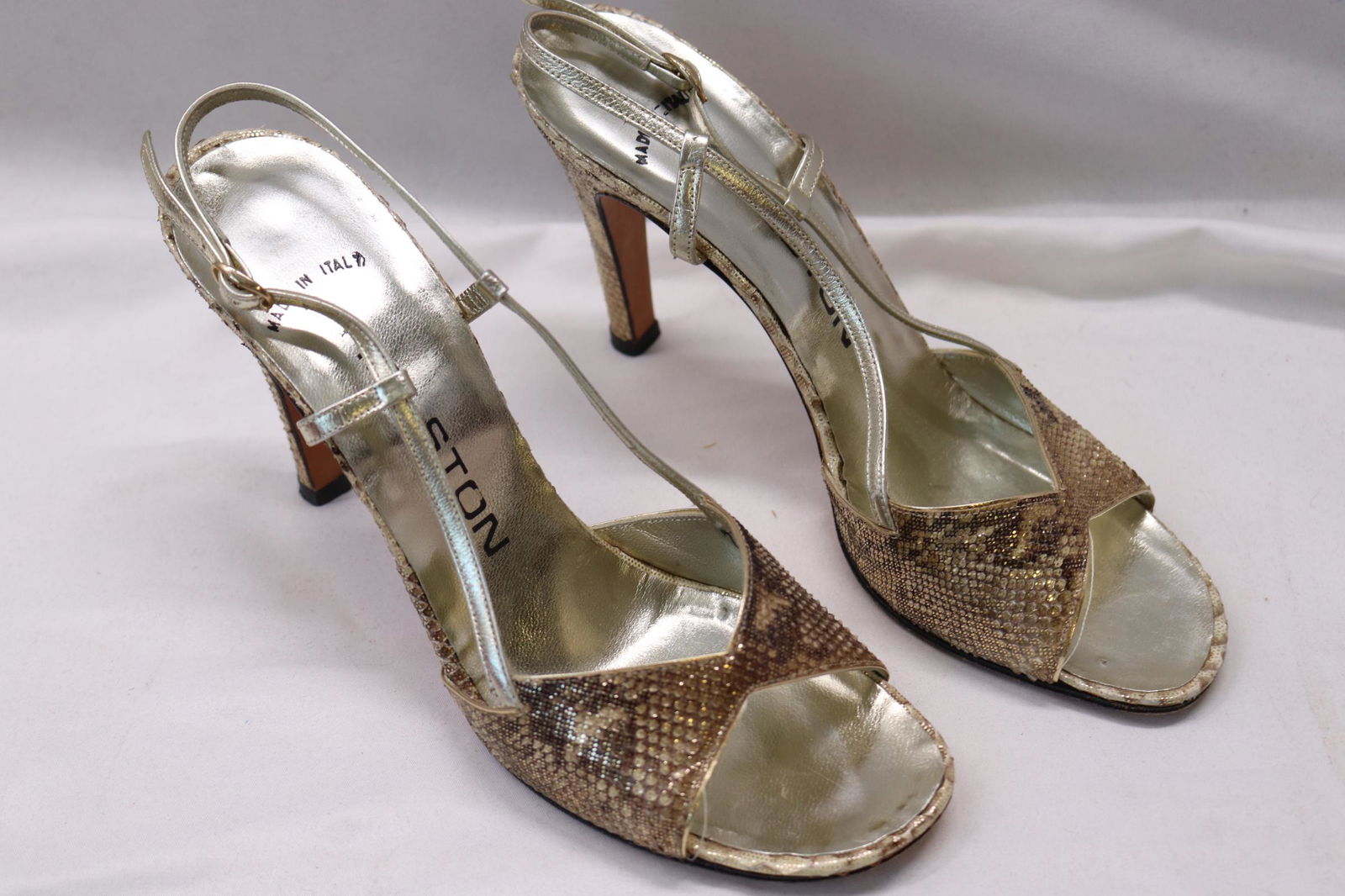 Vintage Halston Snake Skin Heel Sandals: size 7N, good worn condition, see photo's