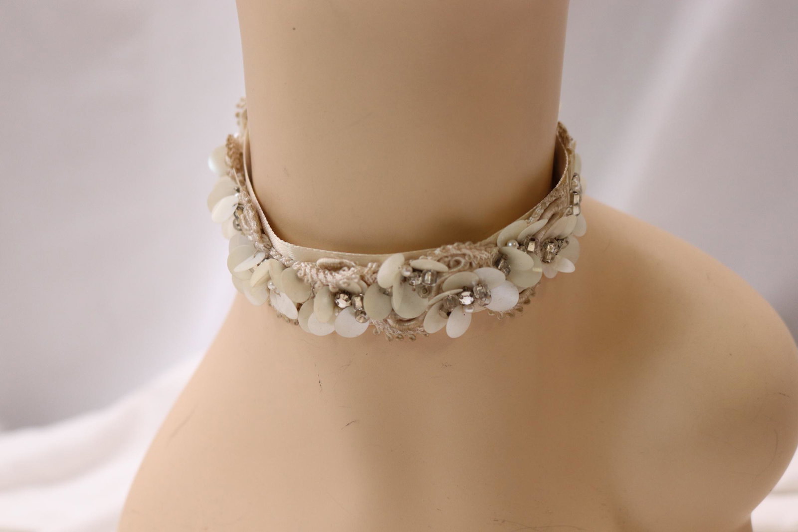 Vintage 1920's Sequin & Beaded Chocker: satin ribbon, lace, rhinestones, sequin and beading, approx. 30 inches overall