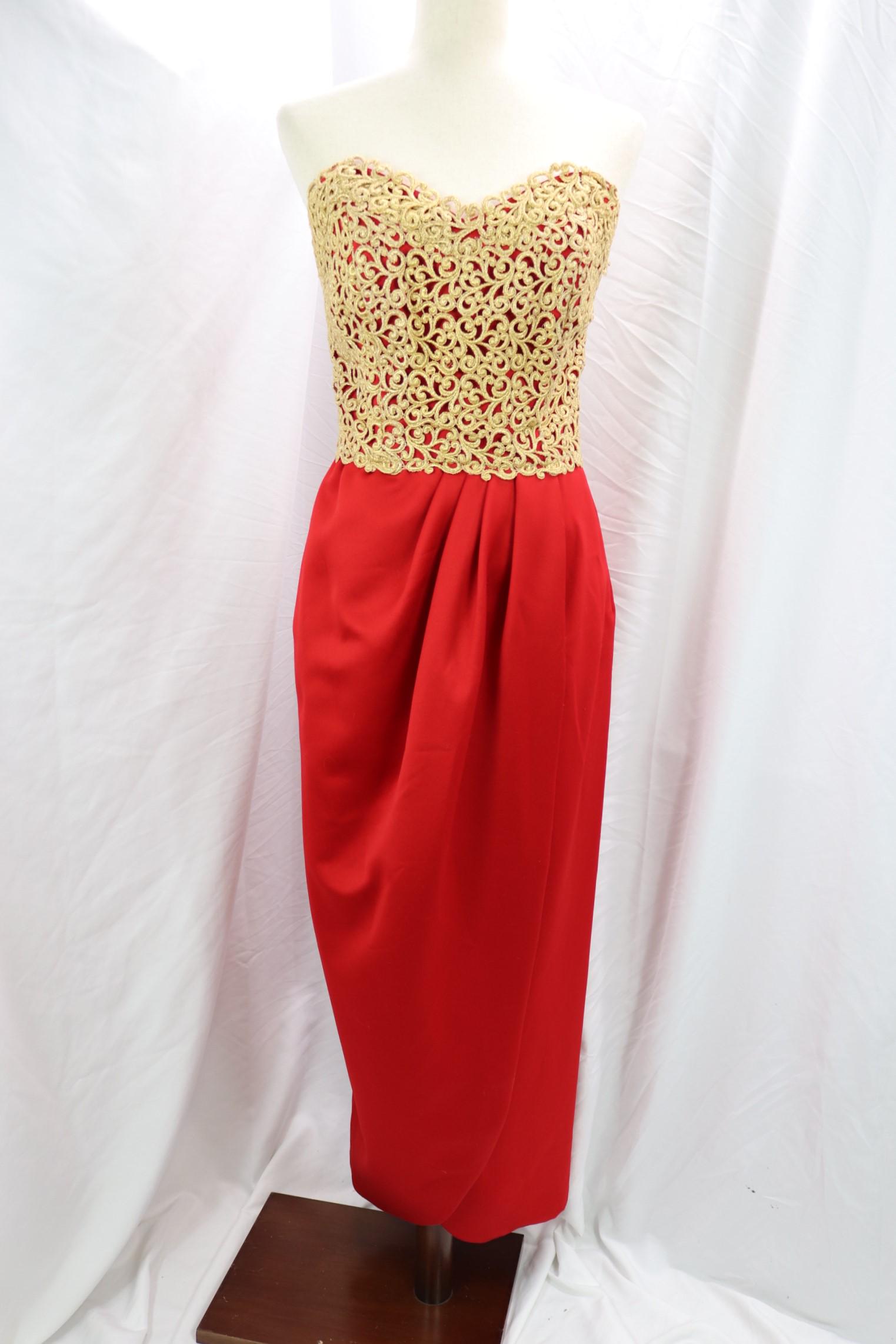 Vintage 1980's Victor Costa Red & Gold Sweat Heart Gown: gold metallic applique Cord Trim, approx. 36 bust, 30 waist, good condition, see photo's