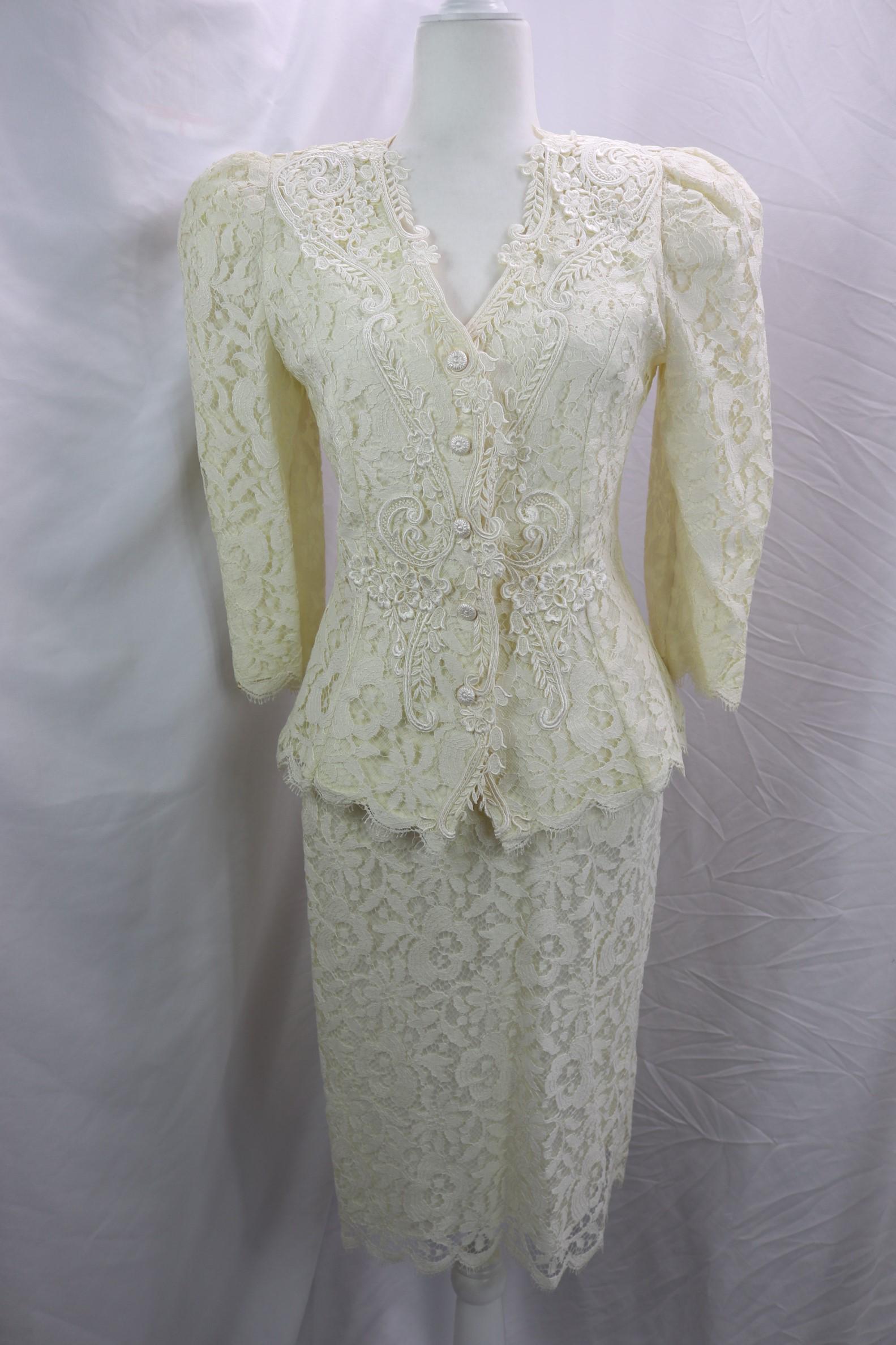 Vintage 1980's Greg Adams Lace Skirt Set: approx. 36 bust, 26 waist, see photo's for stains
