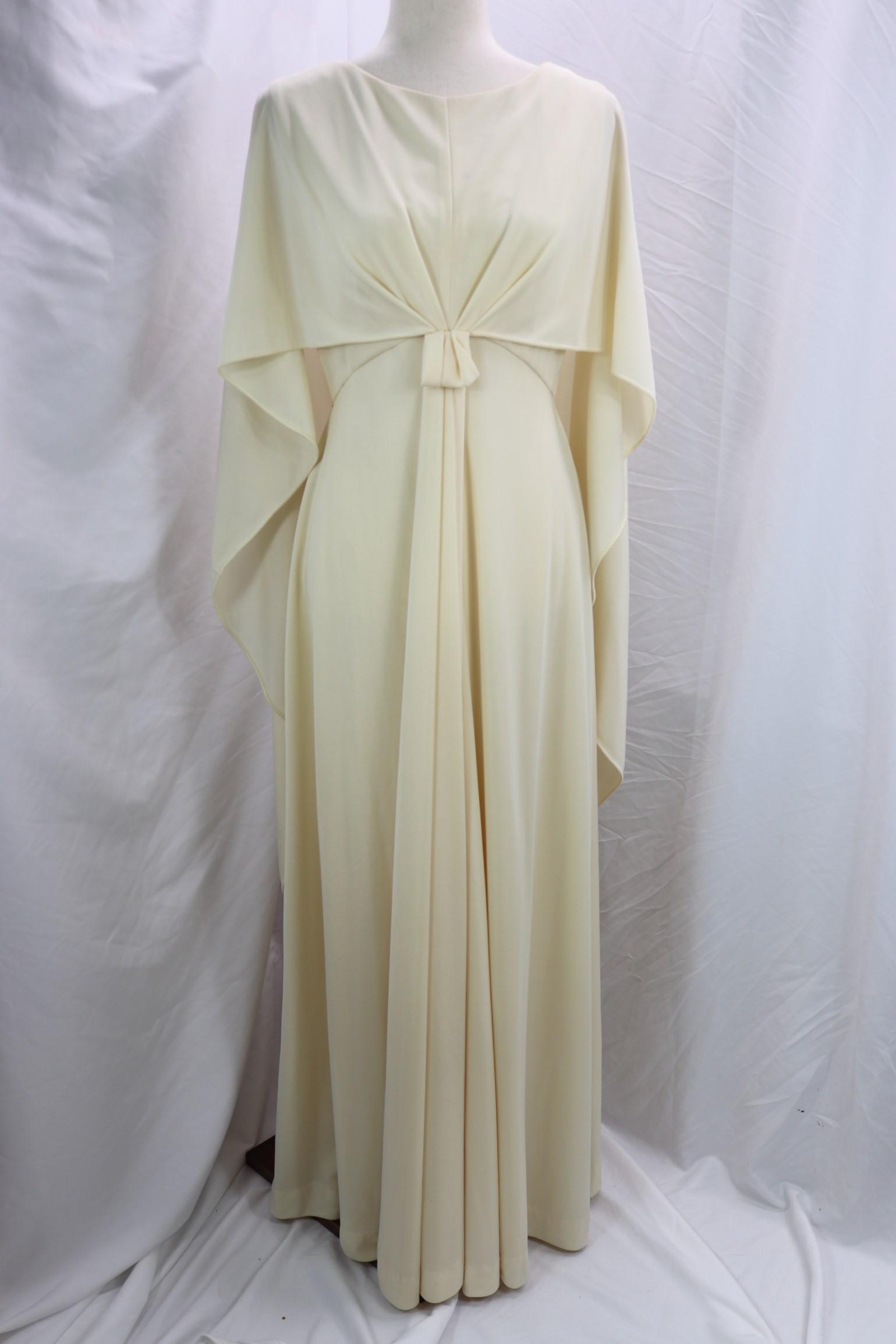 Vintage 1970's Eva Gabor for Estevez Kaftan Gown: attached cape, approx. 36 bust, 28 waist, small hole and a couple of small stains, see photo's