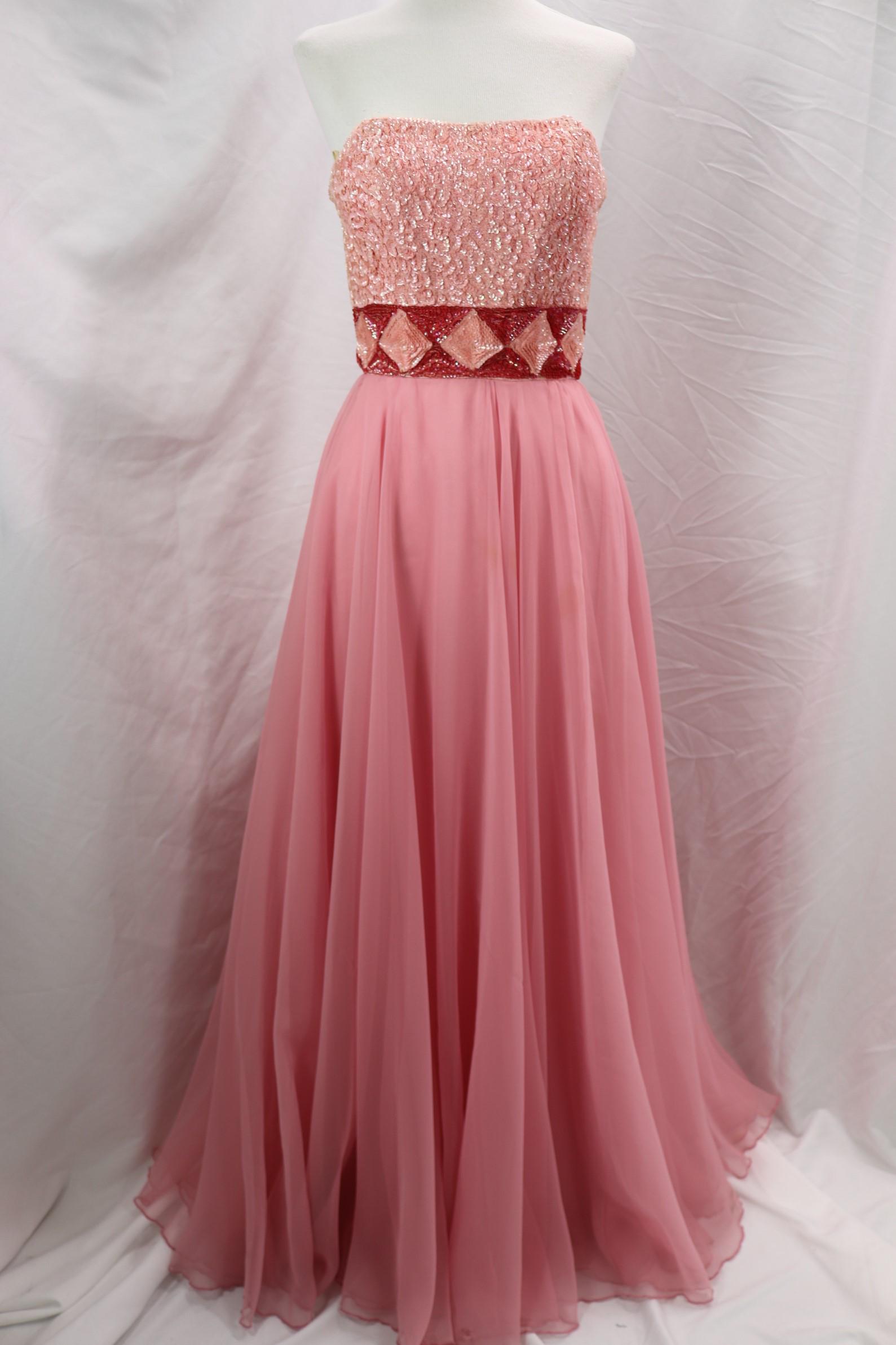 Vintage 1960's Mike Benet Pink Chiffon with Sequin Gown: approx. 32 bust, 22 at high waist, some pulls and wear to fabric, which somewhat hidden, see photo's