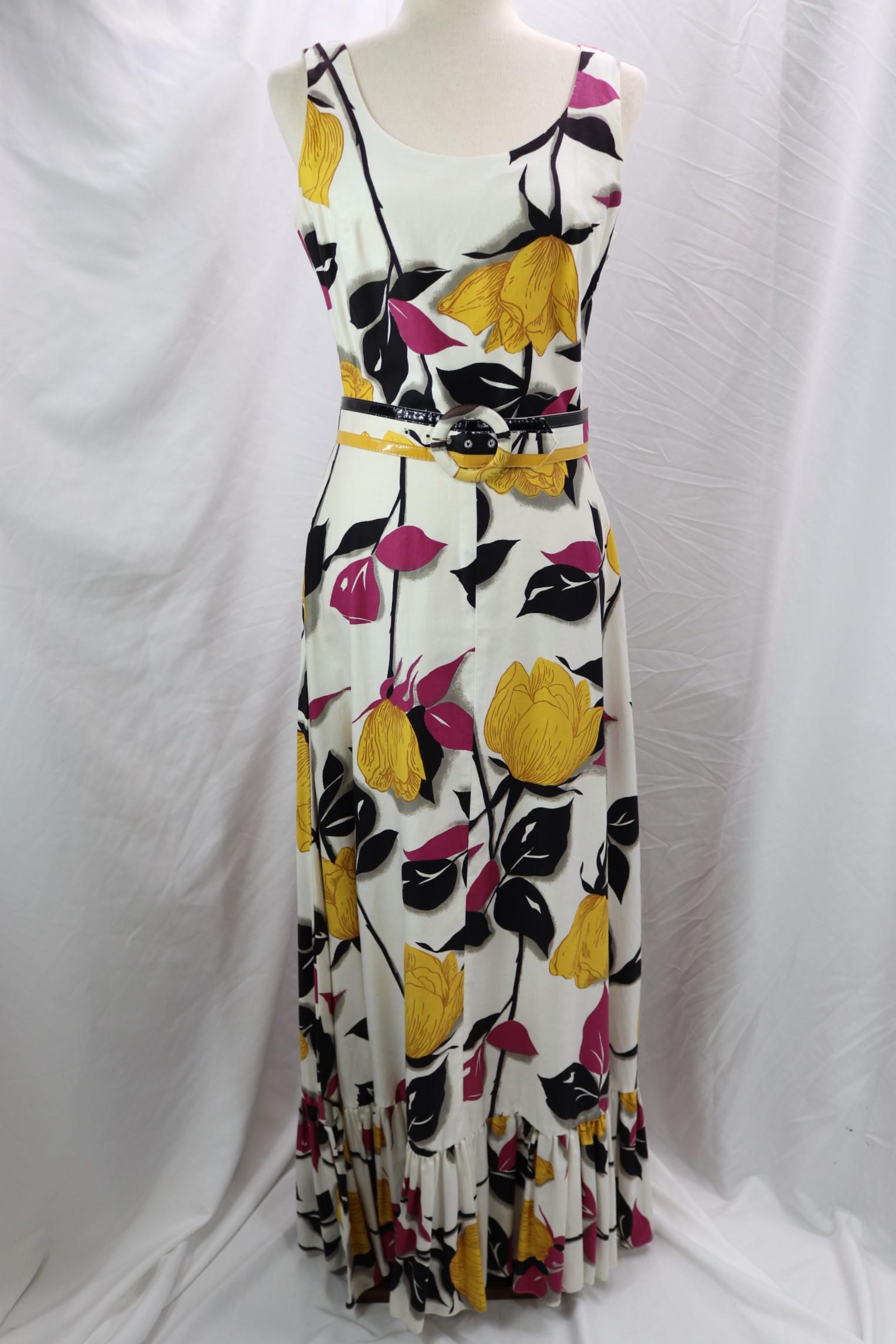 Vintage 1970's Coco Cotton Bold Floral Print Maxi Dress: approx. 36 bust, 27 waist, wear to belt, otherwise good condition, see photo's