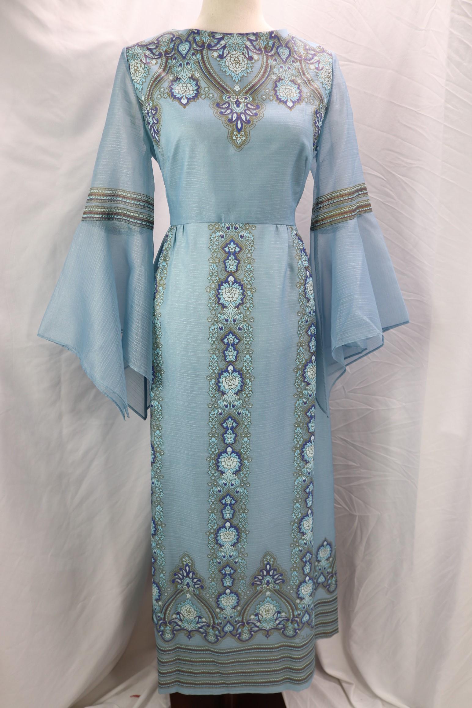 Vintage 1970's Alfred Shaheen Blue Stencil Print Maxi Dress: good condition, see photo's, approx. 40 bust, 32 waist, Poly/Nylon