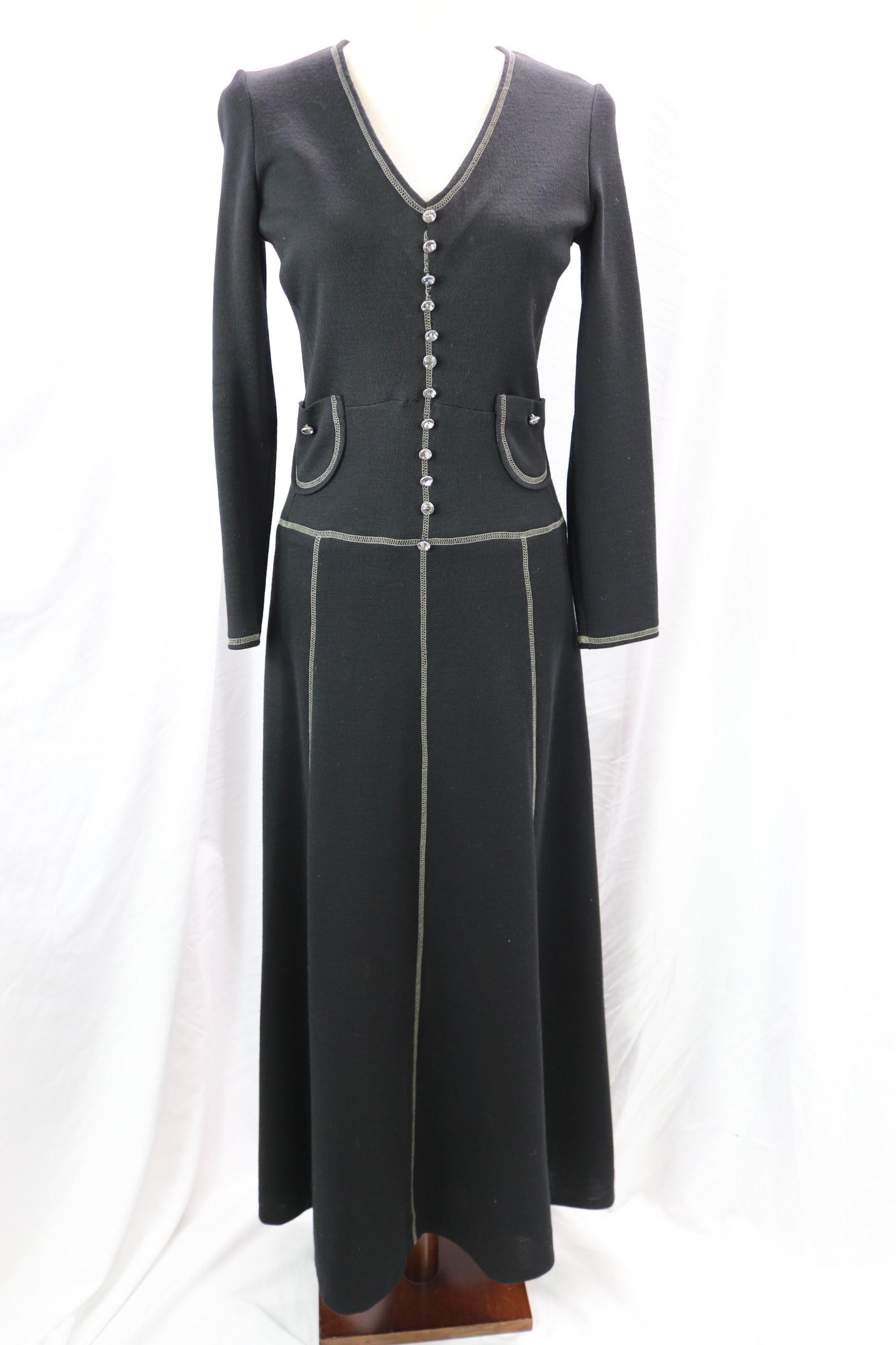 Vintage 1970's Phyllis Sarver Wool Knit Maxi Dress with Rhinestone Buttons: Rhinestone buttons, good condition, approx. 36 bust, 28 waist, will stretch a little larger