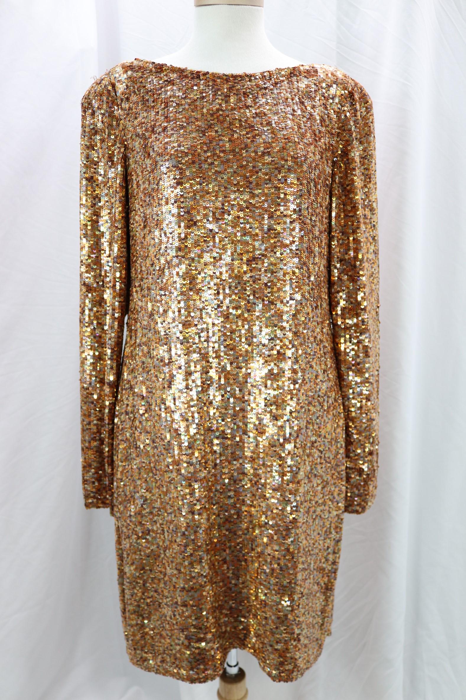 Vintage Lorena Sabru Gold Sequin Drape Formal Dress, $3790. Original Tag: stunning gold/Bronze Sequin, original tag $3790. Good condition, see photo's, approx. 34 bust, 32 waist