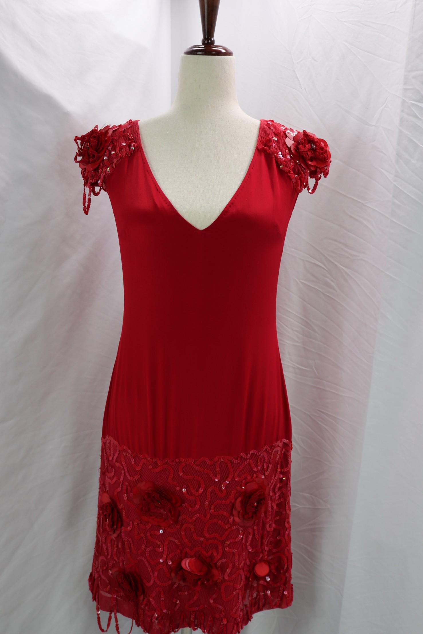 Vintage Lorena Sabru Red Silk & Sequin Netting Runway Dress: 20's style runway dress, some sequin need tacking up, otherwise good condition, approx. 34 bust, 30 waist, 36 hips