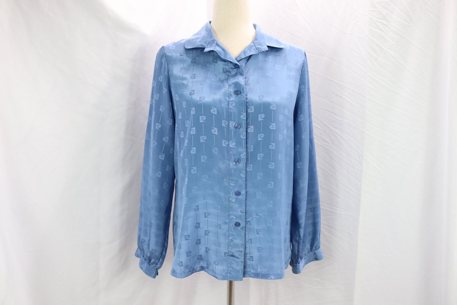 Vintage 1970's Pierre Cardin Blue Blouse: feels like silk but polyester, approx. 38 bust and waist, good condition, see photo's