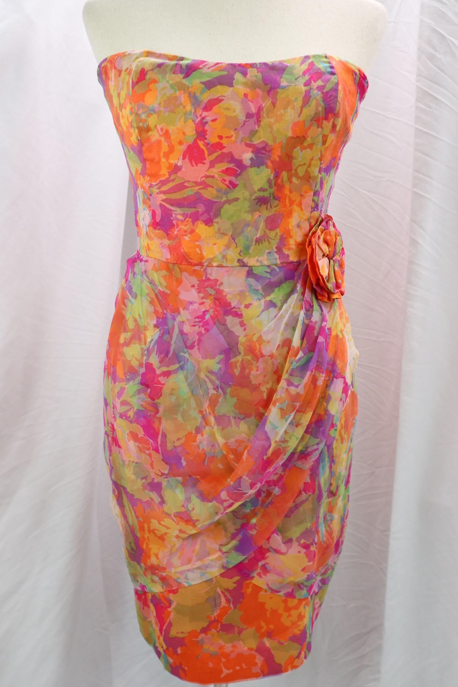 Vintage 1980's Guy Laroche, Paris Floral Silk Strapless Dress: approx. 36 bust, 28 waist, good condition, see photo's