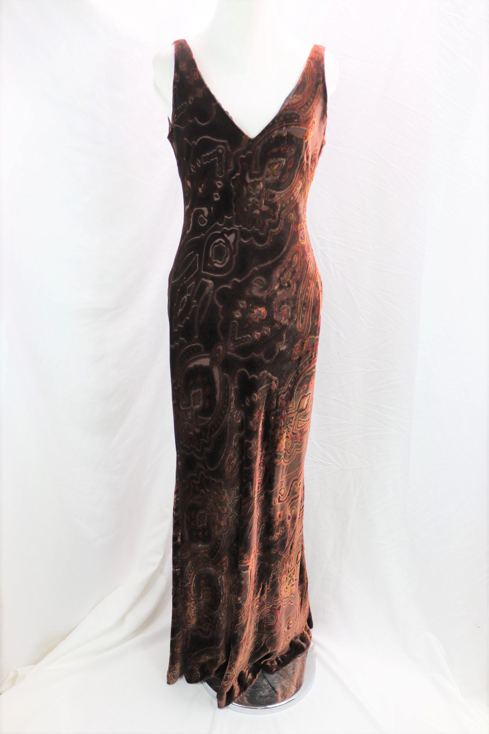 Vintage 2000' Ralaph Lauren Pattern Velvet Bodycon Gown: silk rayon cut velvet, good condition, see photo's, approx. 36 bust, 30 waist, 38 hips, will stretch, Bias Cut