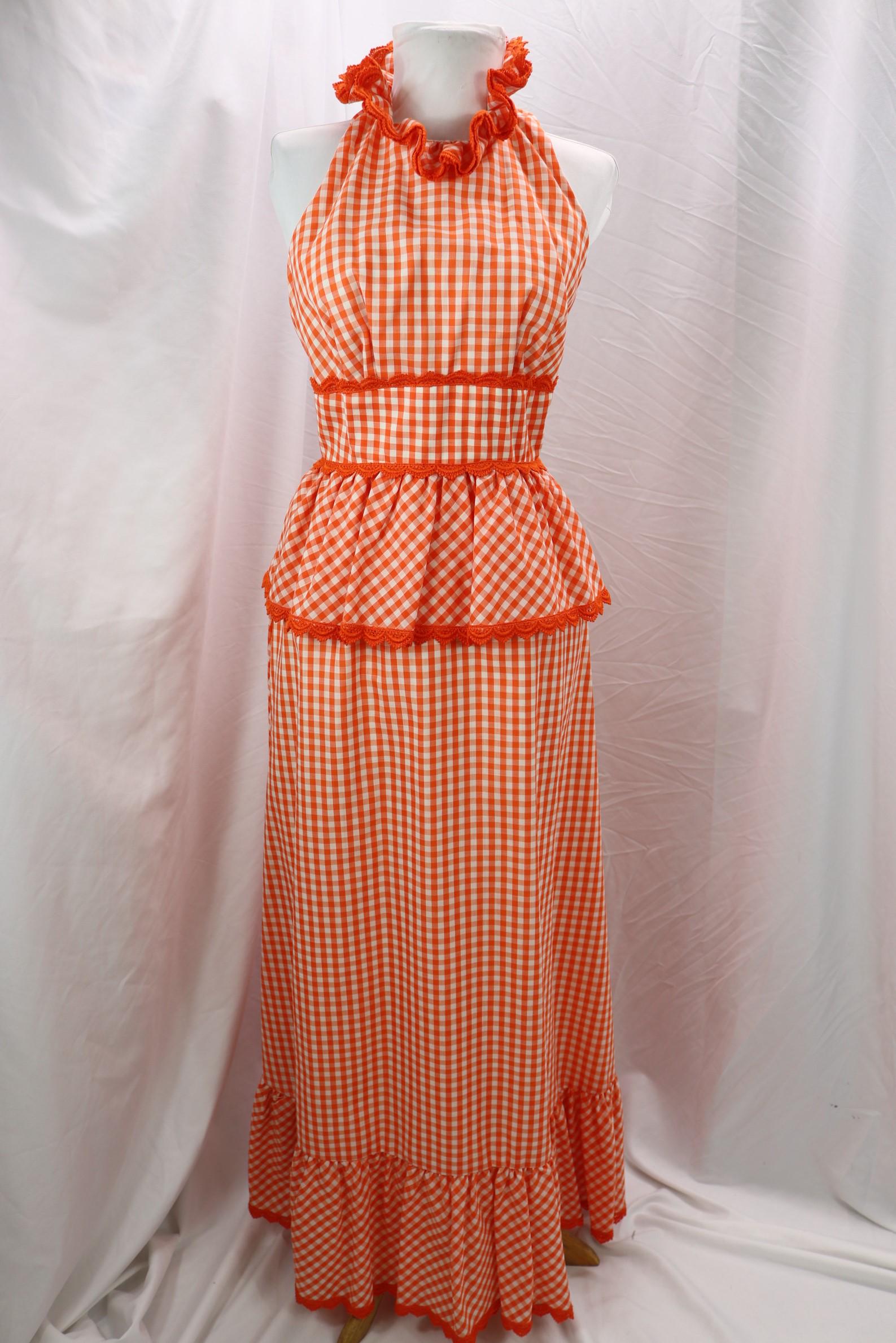 Vintage 1970's Howard Hirsh Orange & White Gingham Halter Maxi Dress: approx. 32/34 bust, 25 waist, good condition, see photo's
