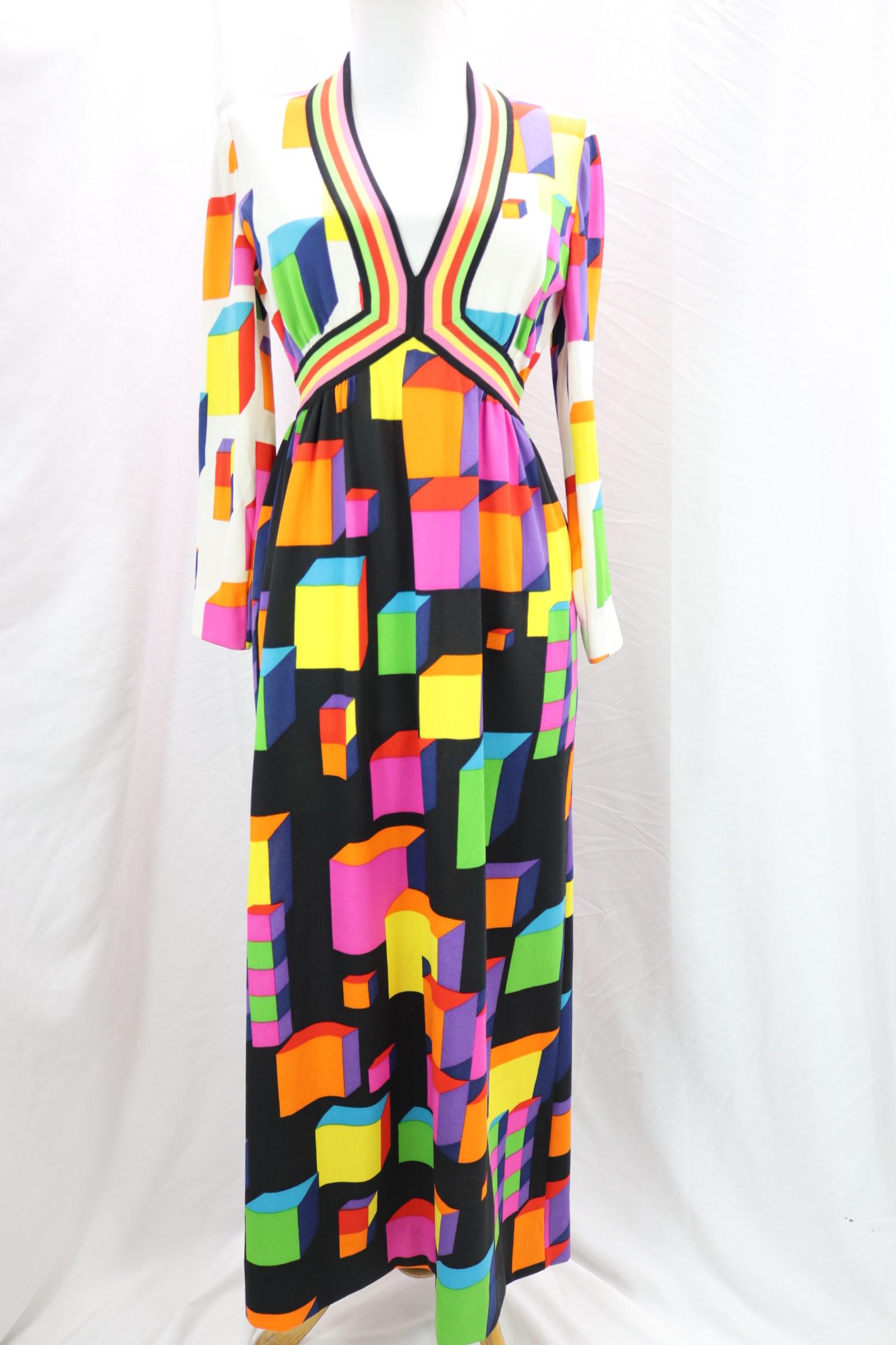Vintage 1970's Goldworm 3-D Block Print Maxi Dress: Polyester, approx. 36 bust, 26 waist, good condition, see photo's
