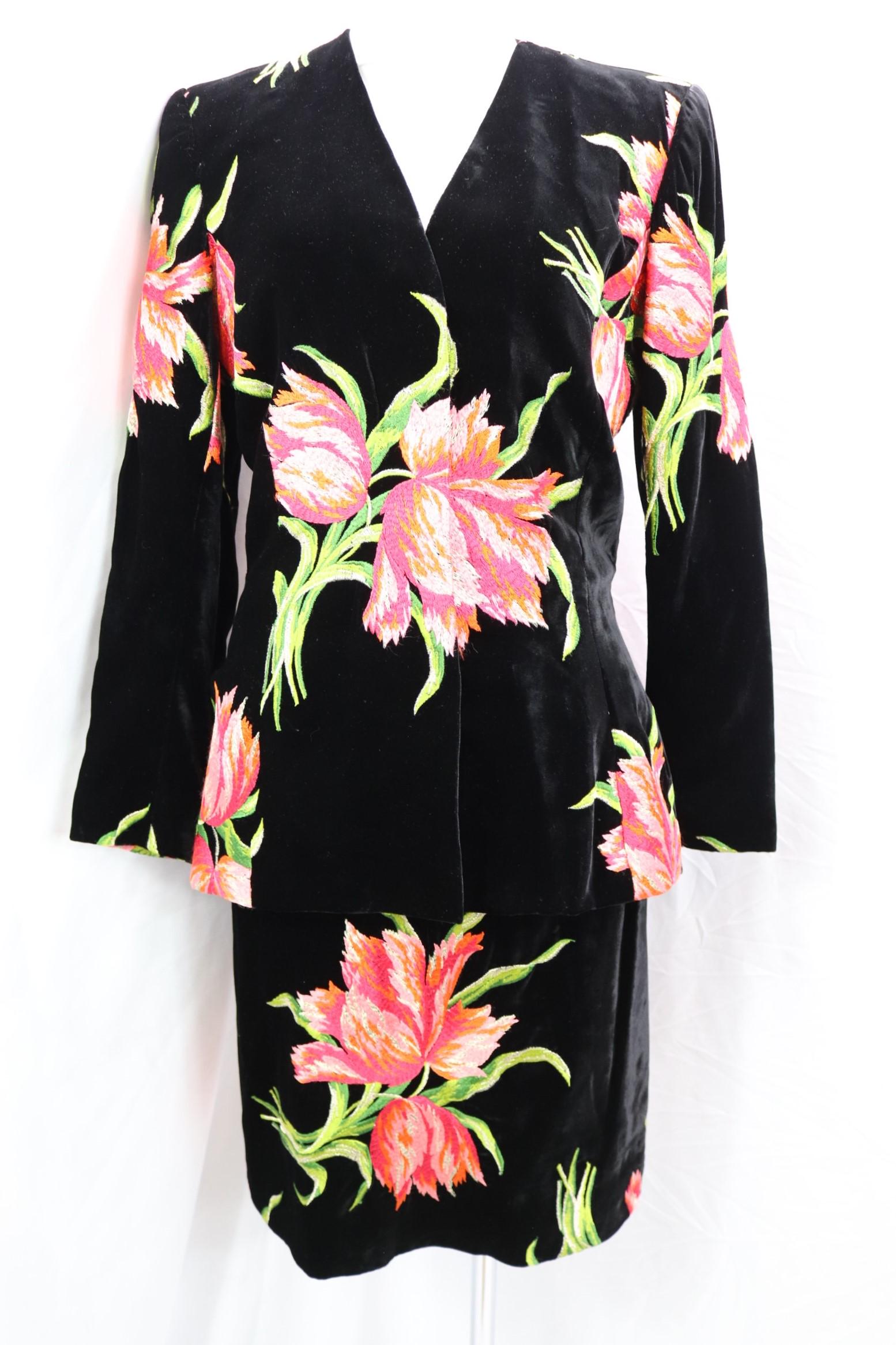 Vintage 1980's Philippe Venet Black Velvet Embroidered Skirt Set: stunning silk and metallic embroidery, approx. 36 bust, 26 waist, good condition, see photo's