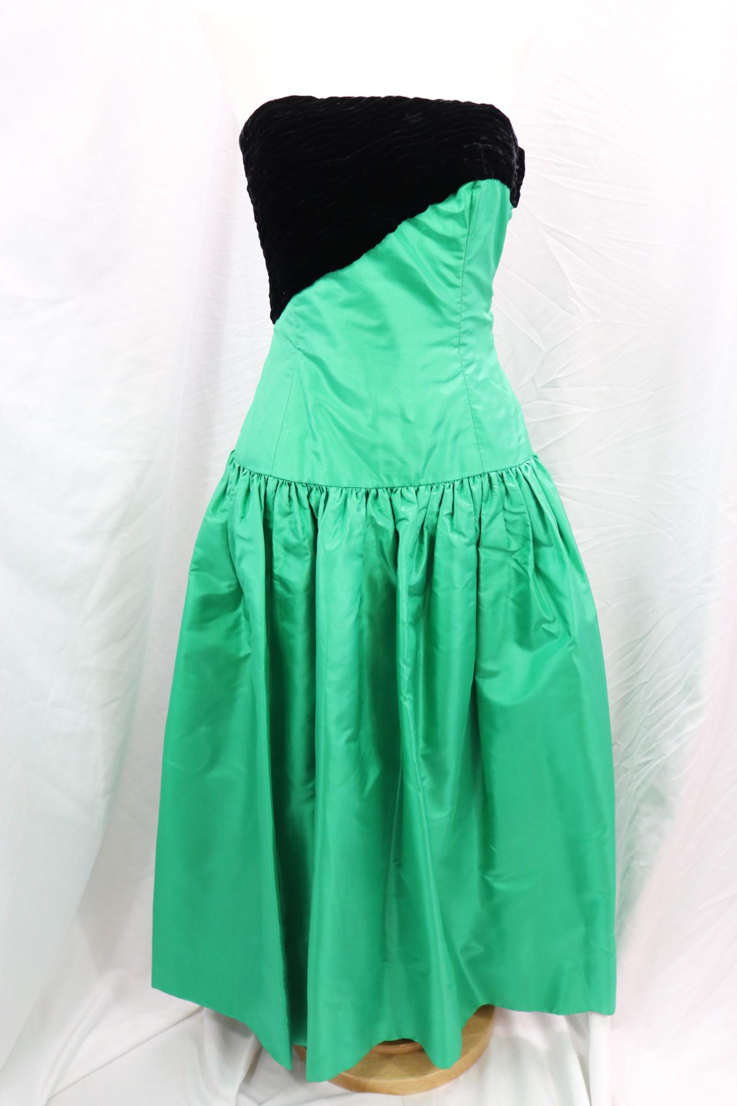 Vintage 1970's Vaini, Milano, Green Silk & Velvet Party Dress: asymmetric style, approx. 30 bust, 26 waist, a couple stains, see photo's