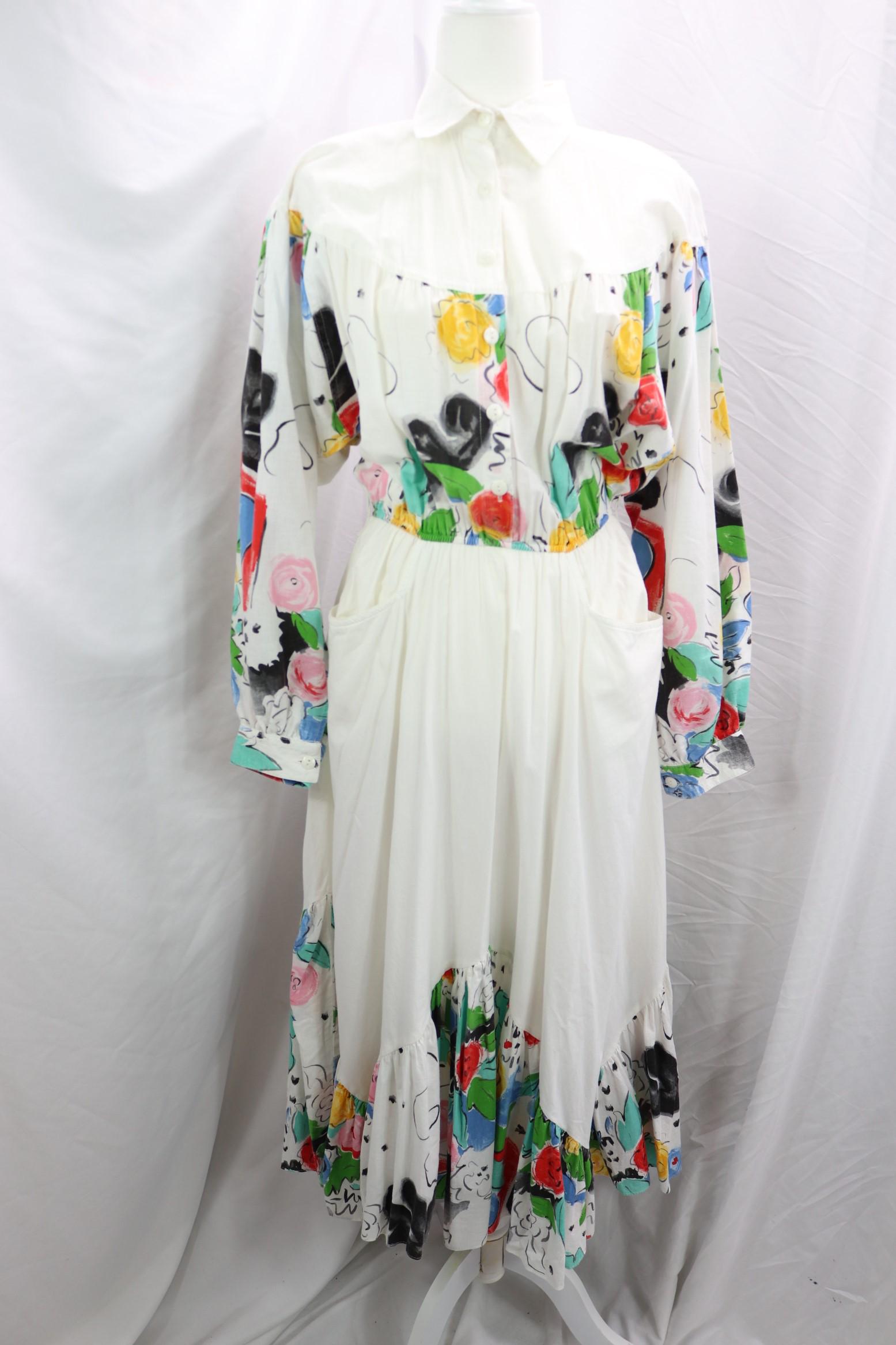 Vintage 1980's Choon Cotton Paint Print Shirt Waist Maxi Dress: approx. 40 bust, 22-38 Elastic waist, good condition, see photo's