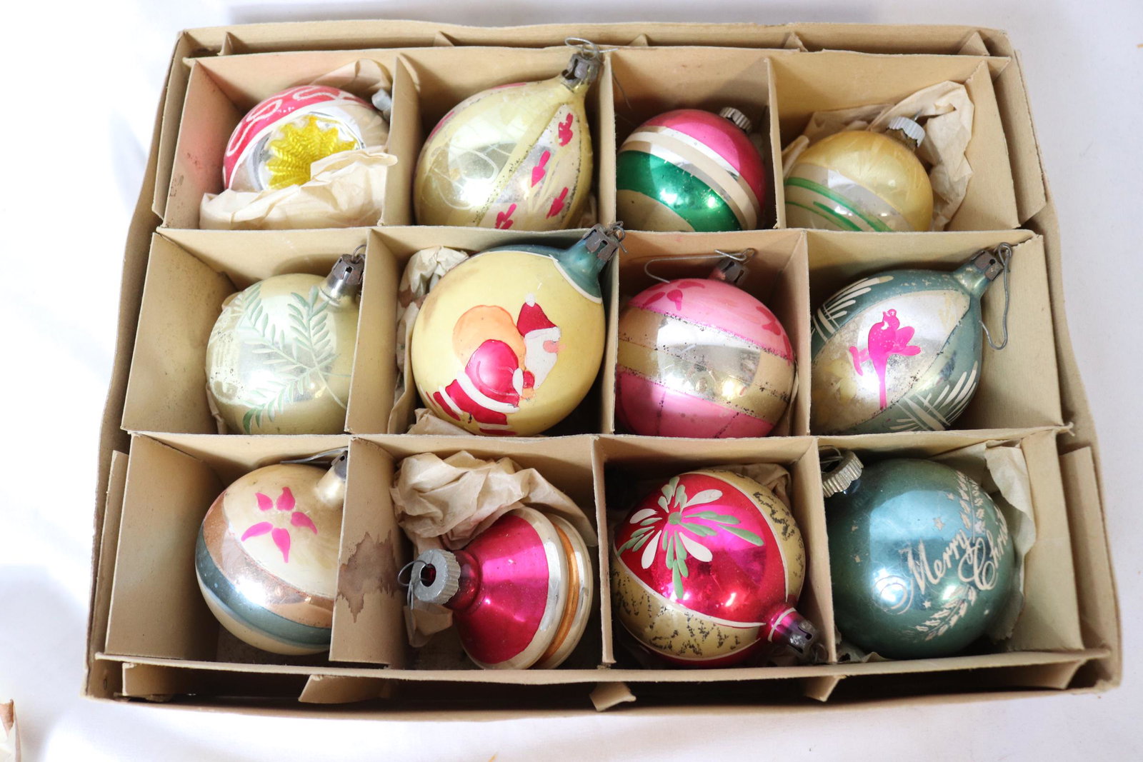 Vintage 1940's Hand Painted Glass Christmas Ornaments, Lot of 12: see photo's, approx. 3 to 5 inches tall